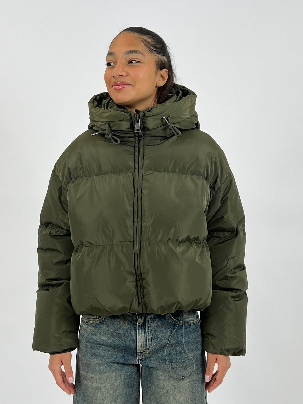 CROPPED TIE UP PUFFER ARMY