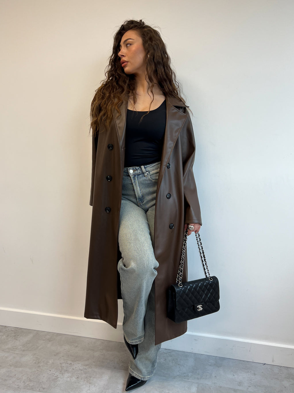 LEATHER LOOK TRENCH CHOCO