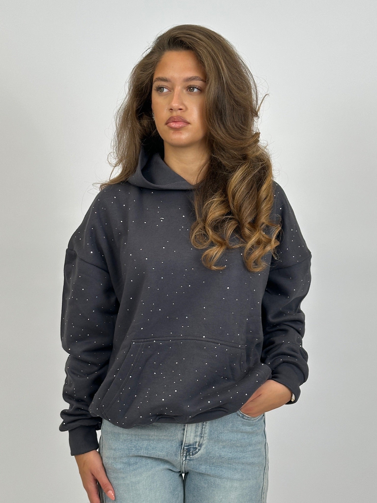 RHINESTONE HOODIE CHARCOAL