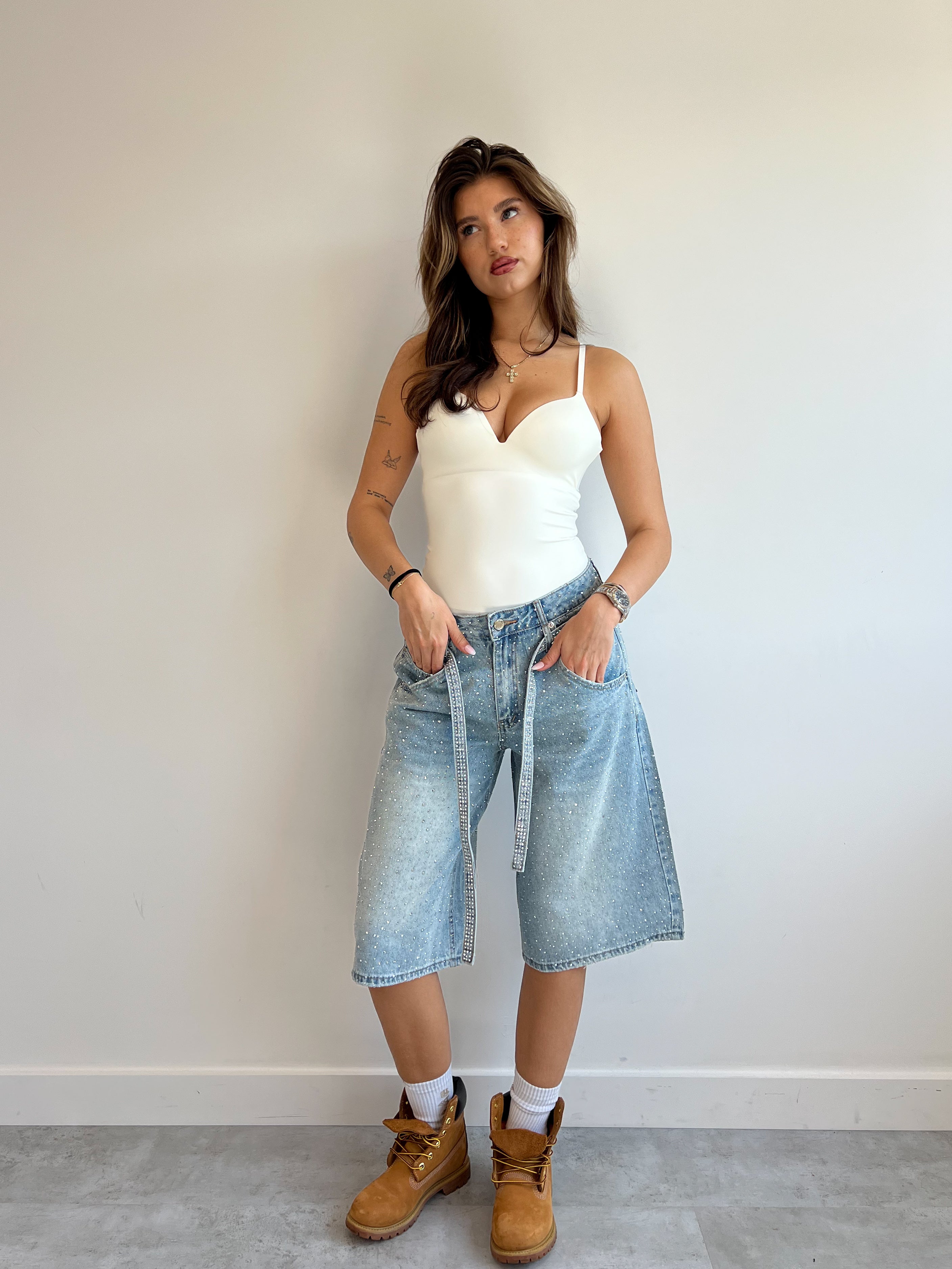 RHINESTONE DENIM JORTS