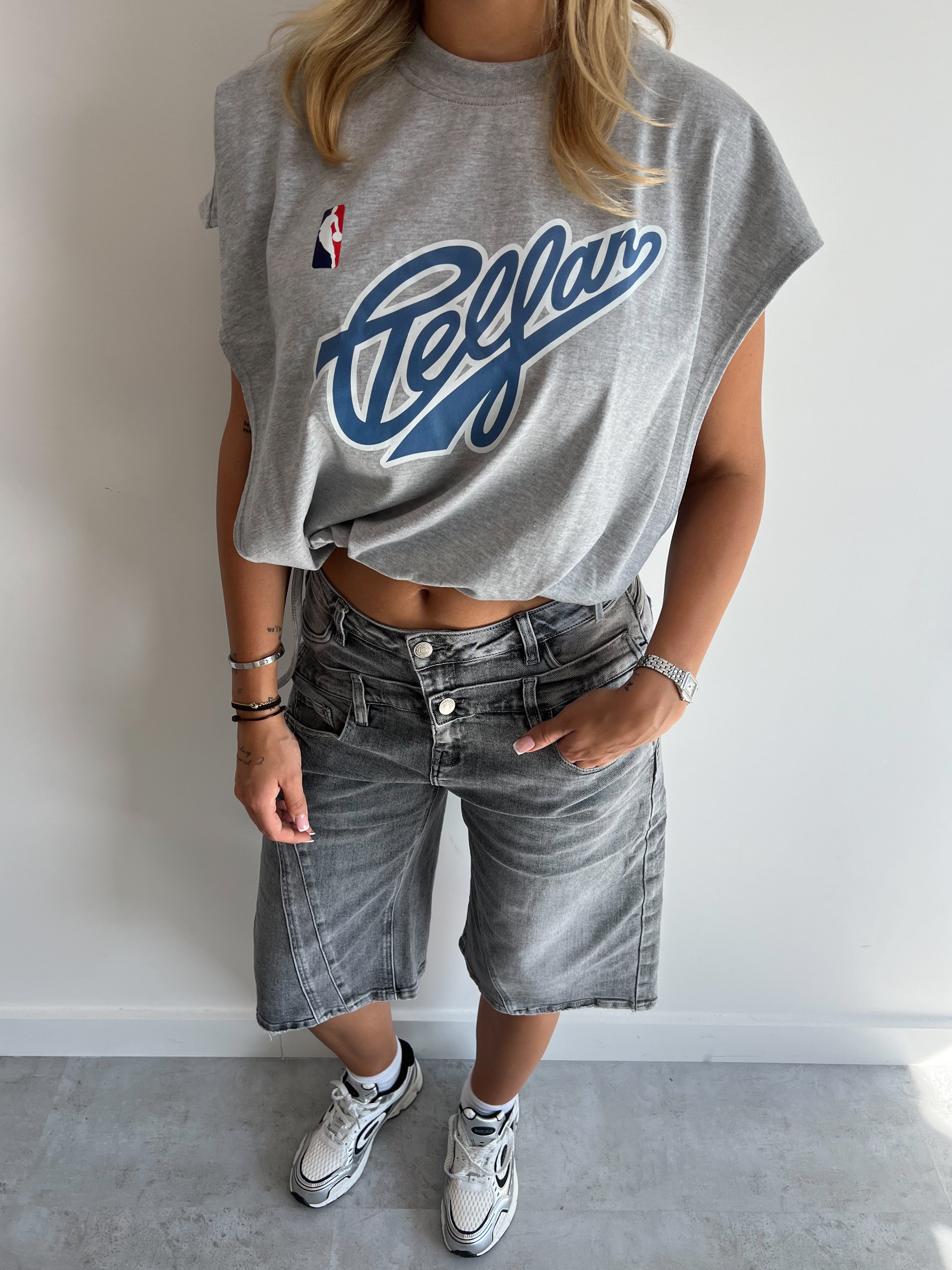 DOUBLE WAIST STRETCH JORT GREY