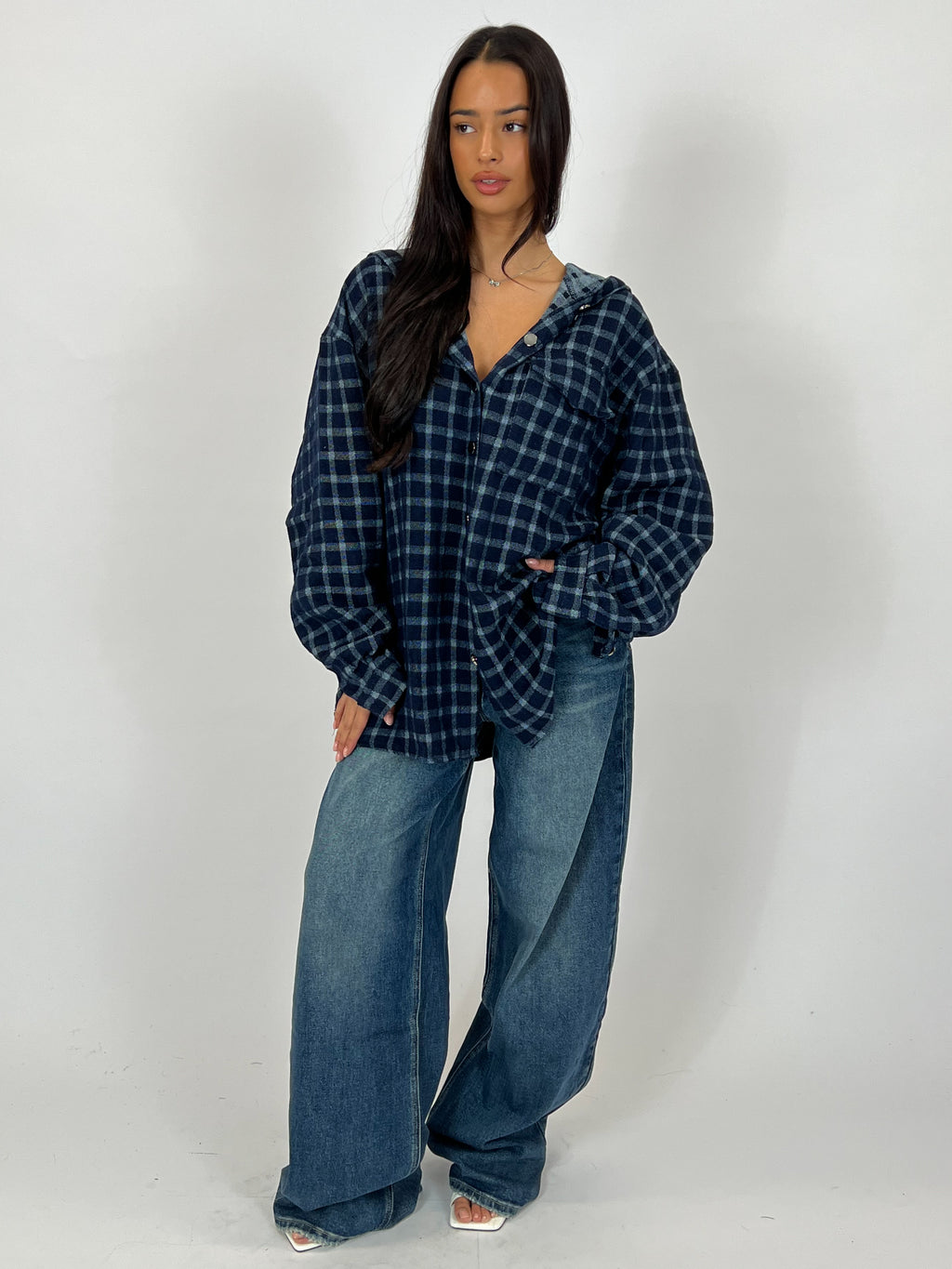 HOODED CHECK JACKET NAVY