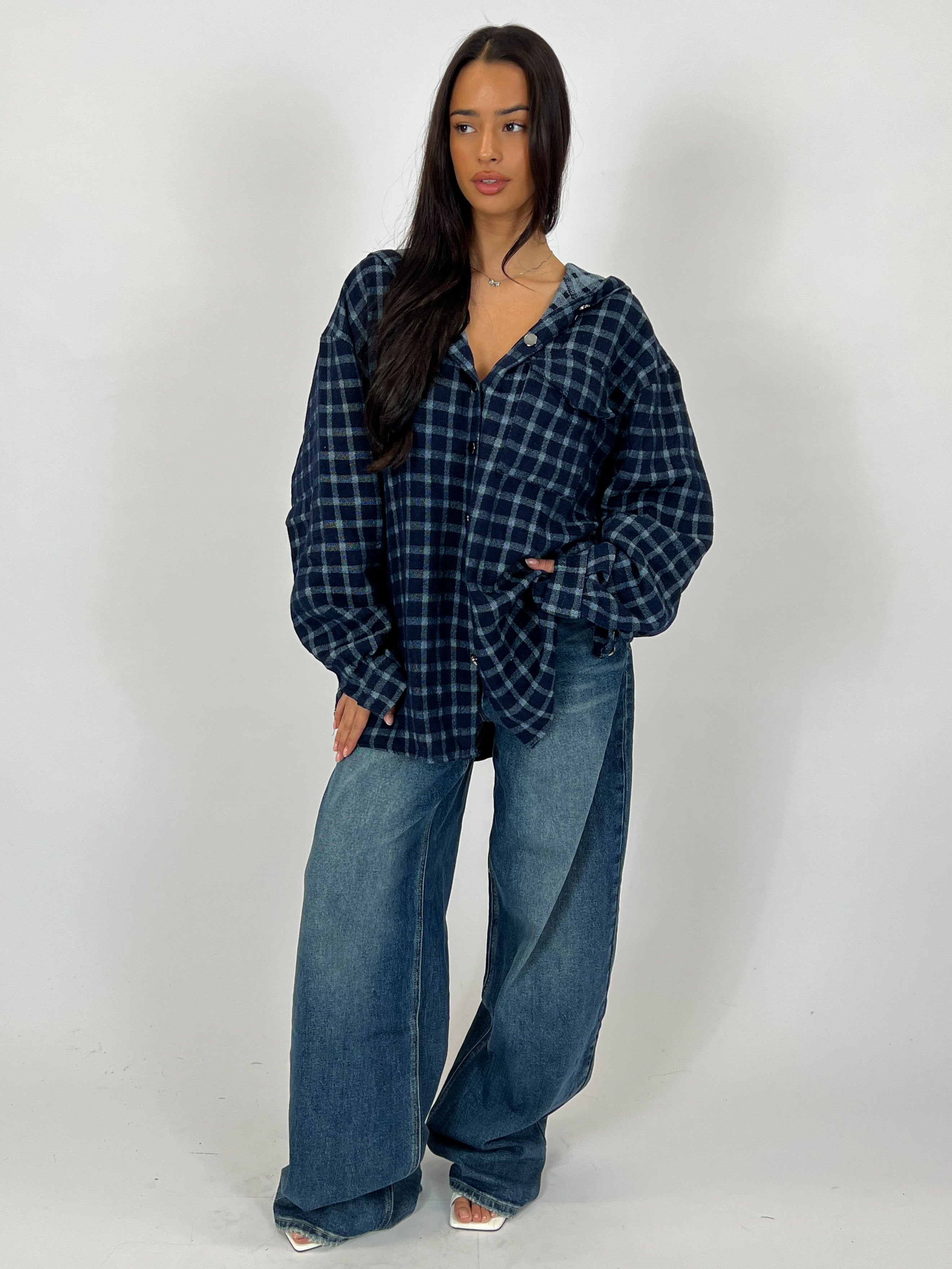 HOODED CHECK JACKET NAVY