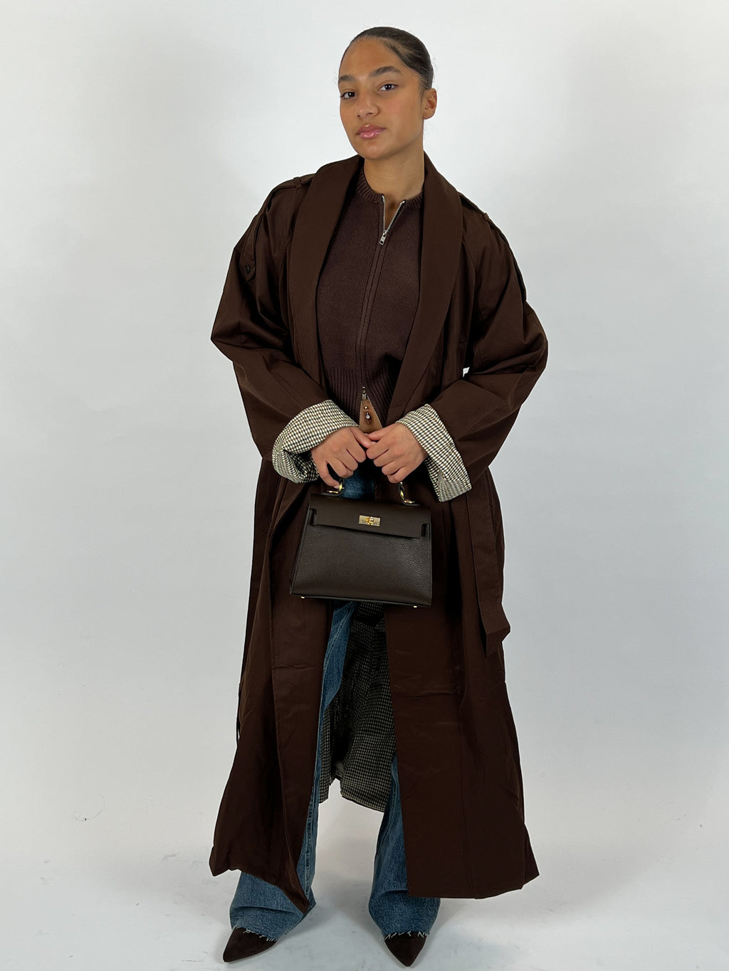 CHECHERED MAXI TRENCH COAT CHOCO
