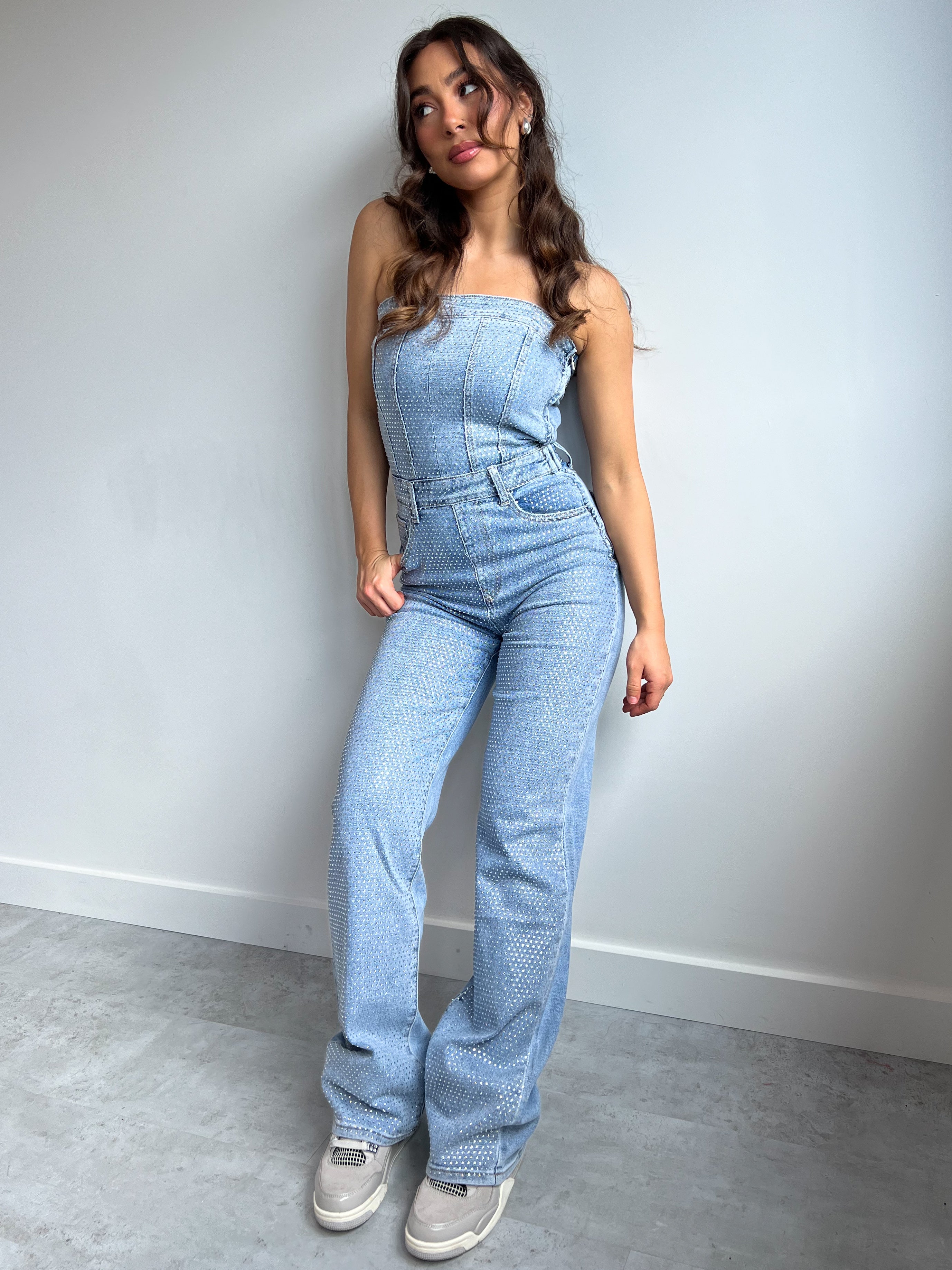 STRETCH STRASS DENIM JUMPSUIT BLUE