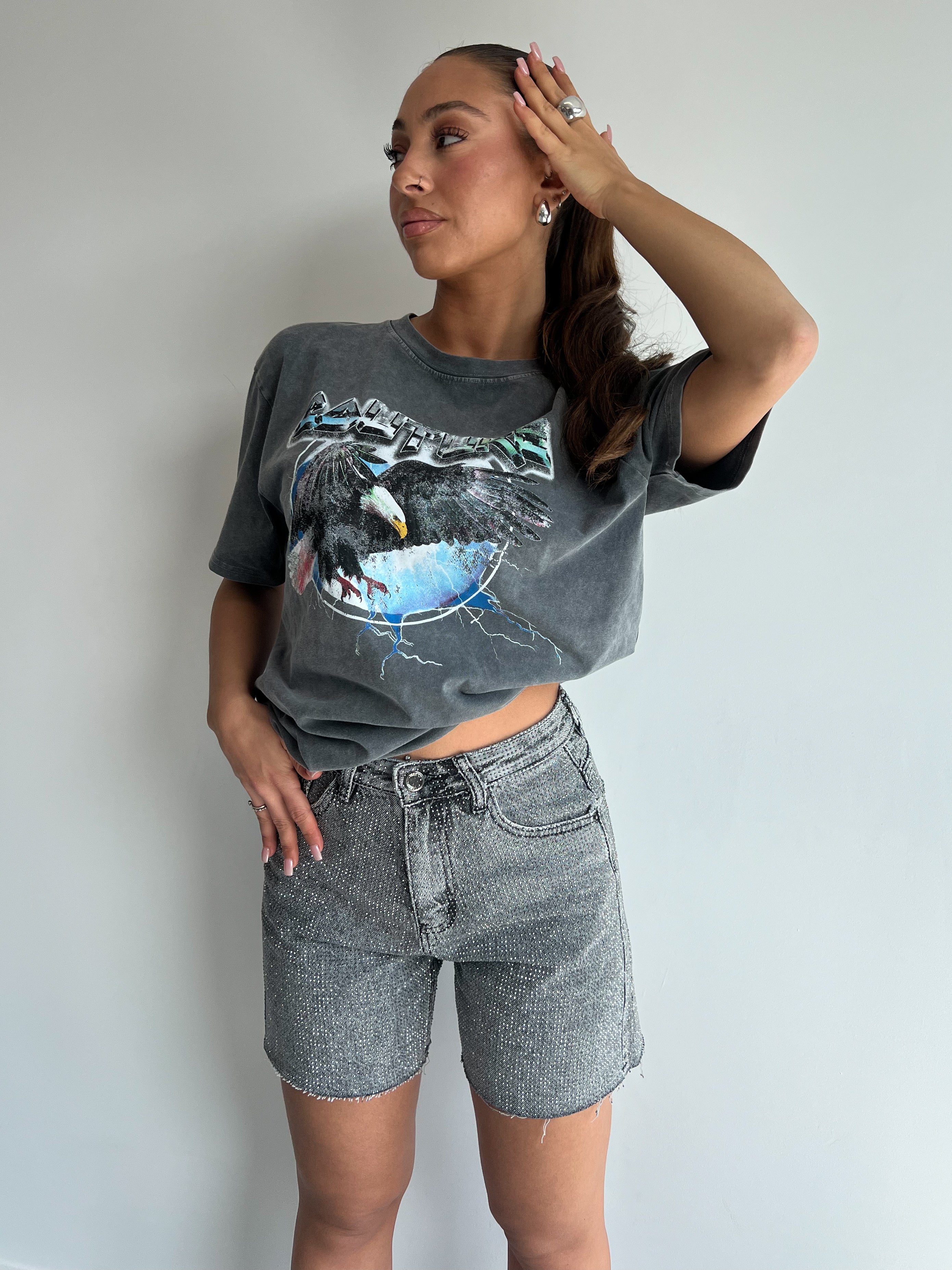 ALL-OVER-STRETCH-STRASS-KURZE GRAU