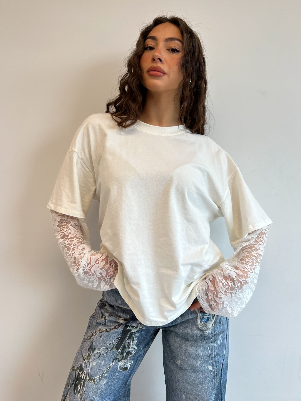 OVERSIZED LACE SLEEVE TEE WHITE