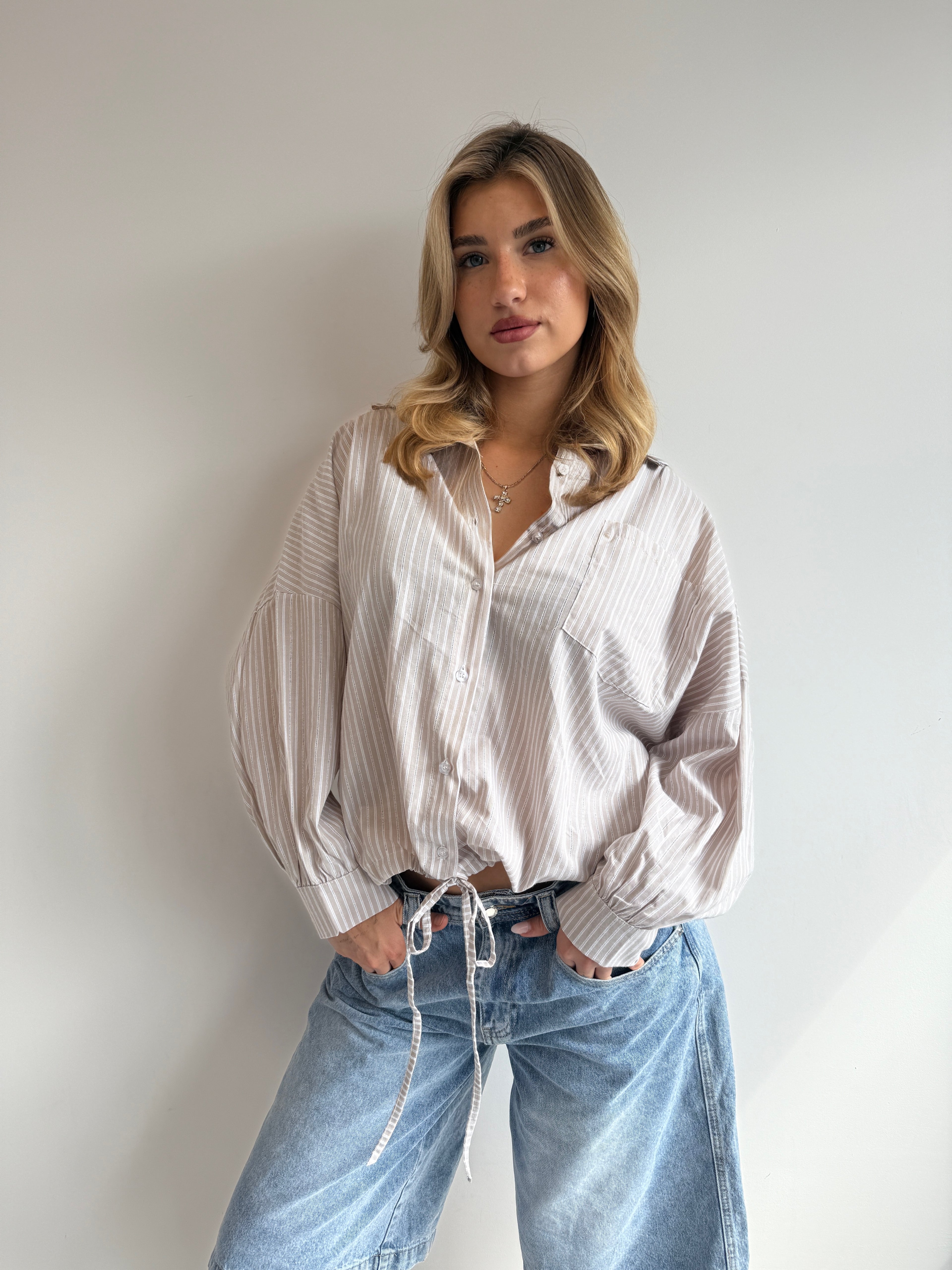 OVERSIZED STRIPE TIE BLOUSE BEIGE