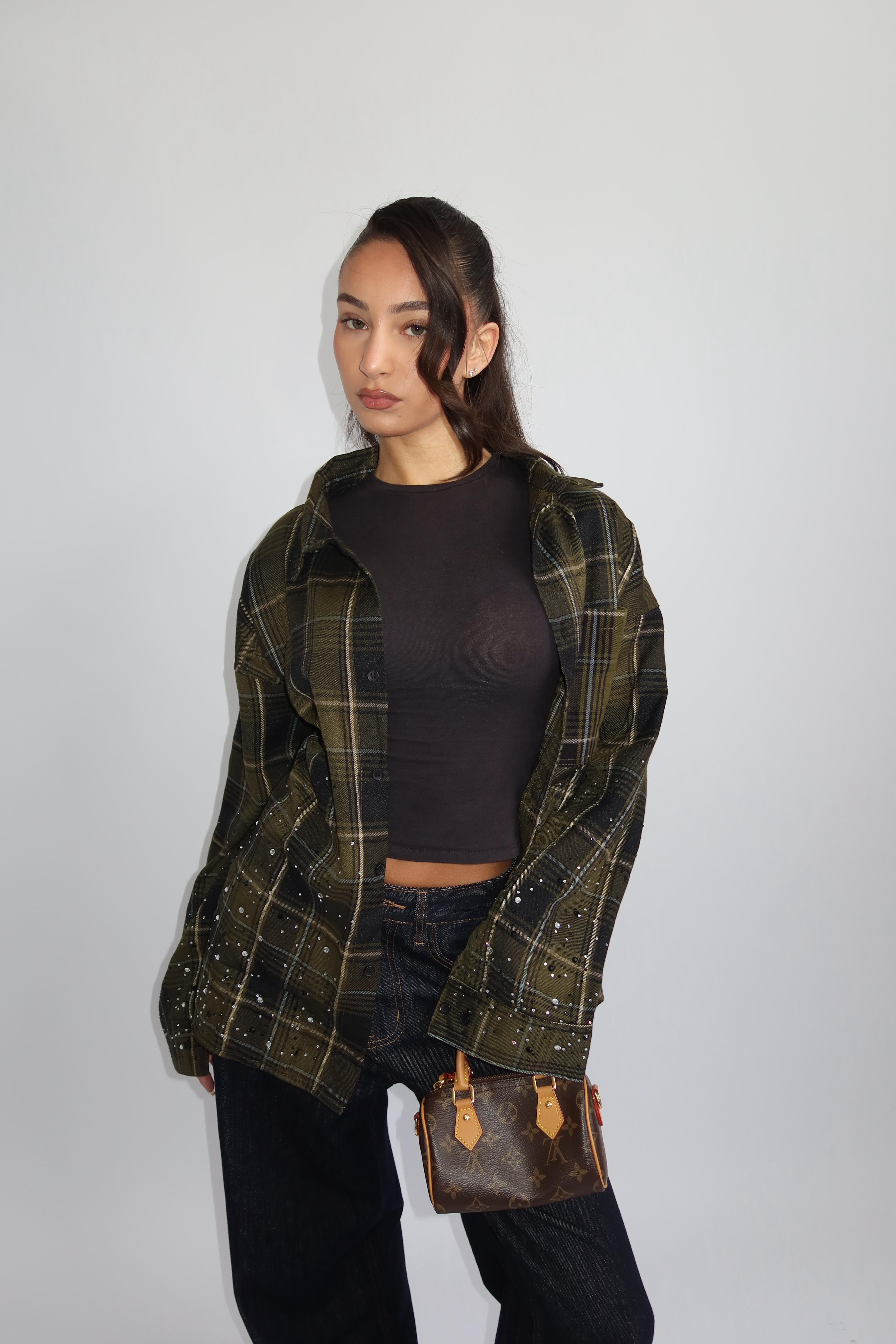 EXCLUSIVE CHECKED RHINESTONES SHIRT ARMY