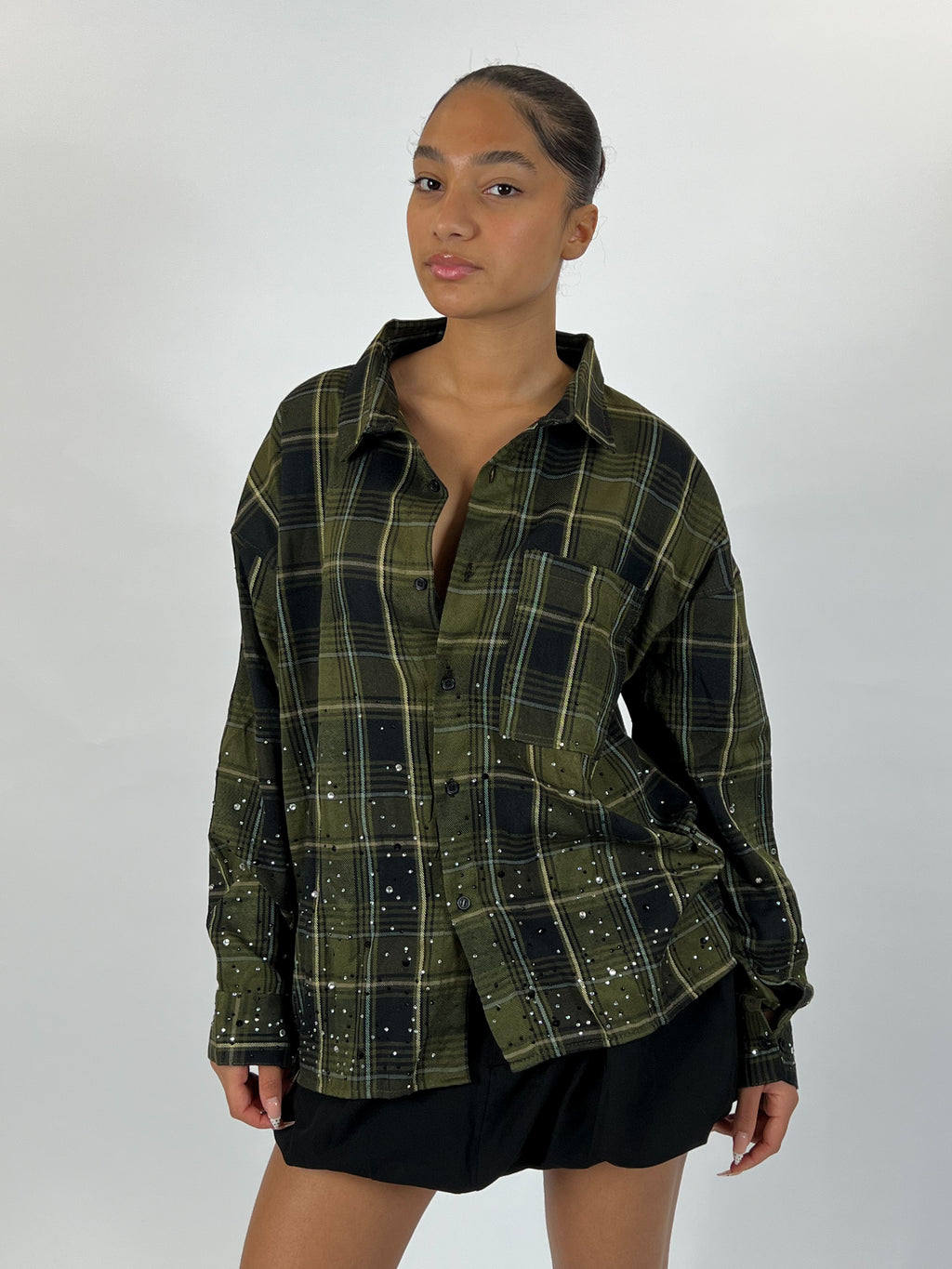 EXCLUSIVE CHECKED RHINESTONES SHIRT ARMY