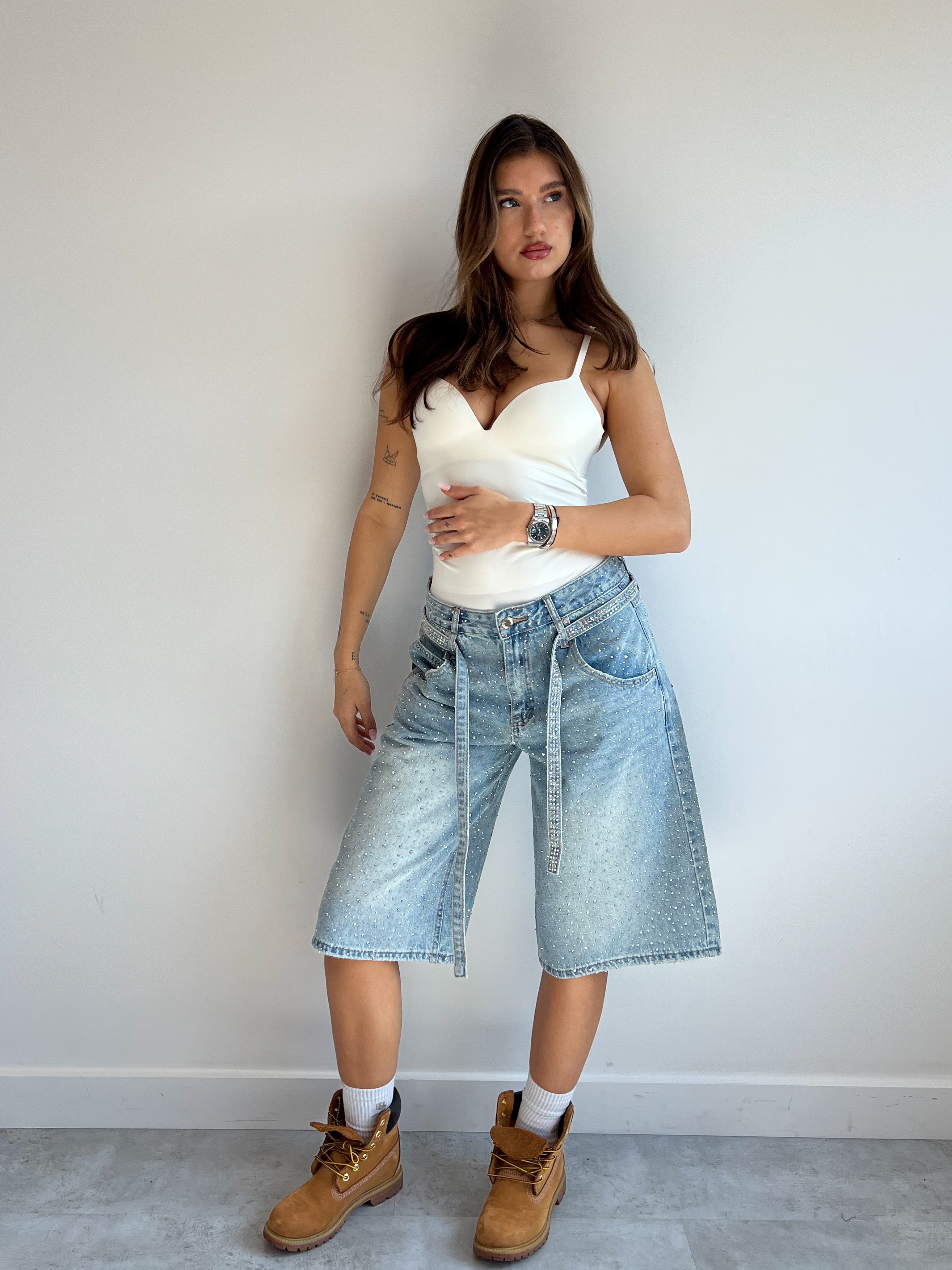 RHINESTONE DENIM JORTS