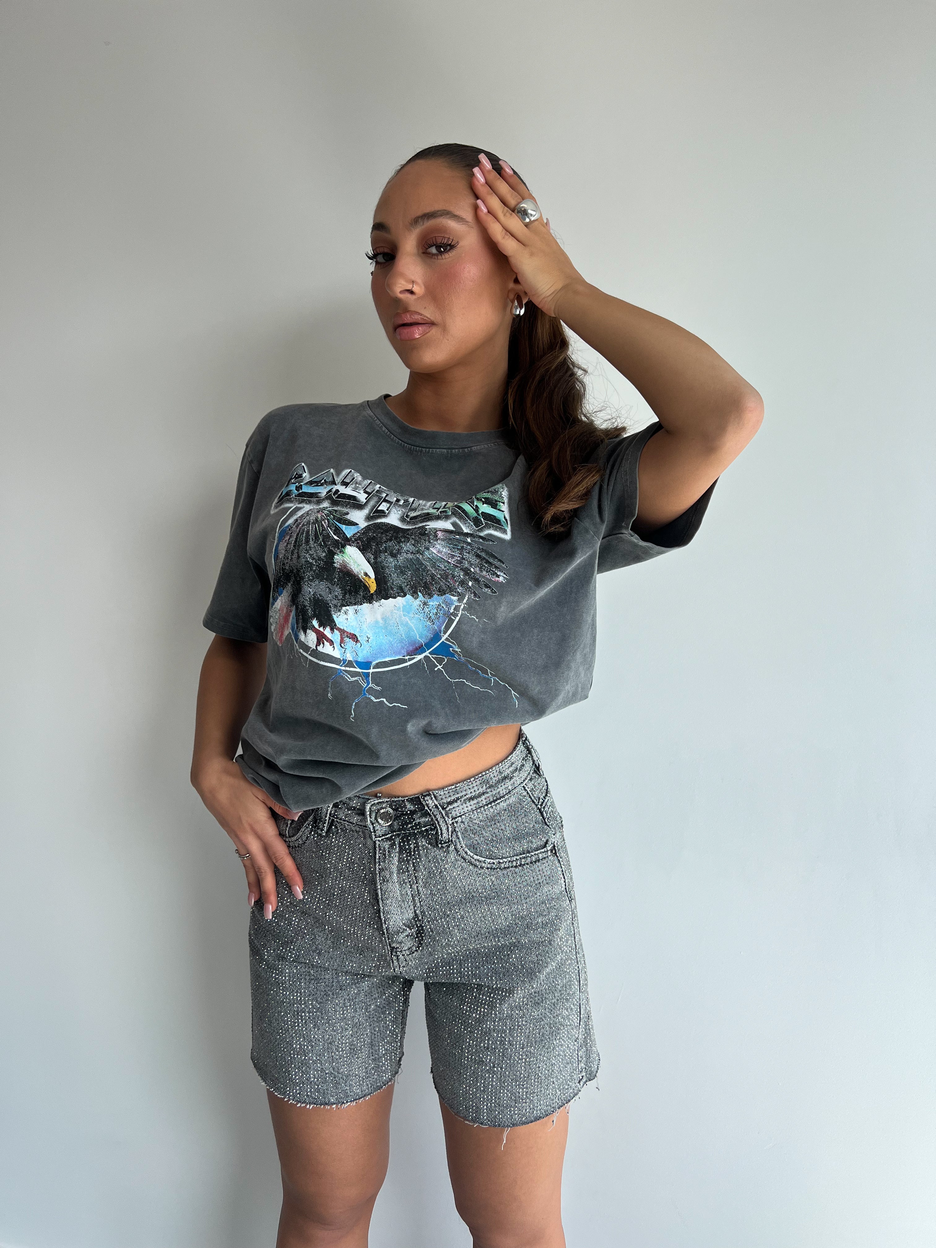 ALL-OVER-STRETCH-STRASS-KURZE GRAU