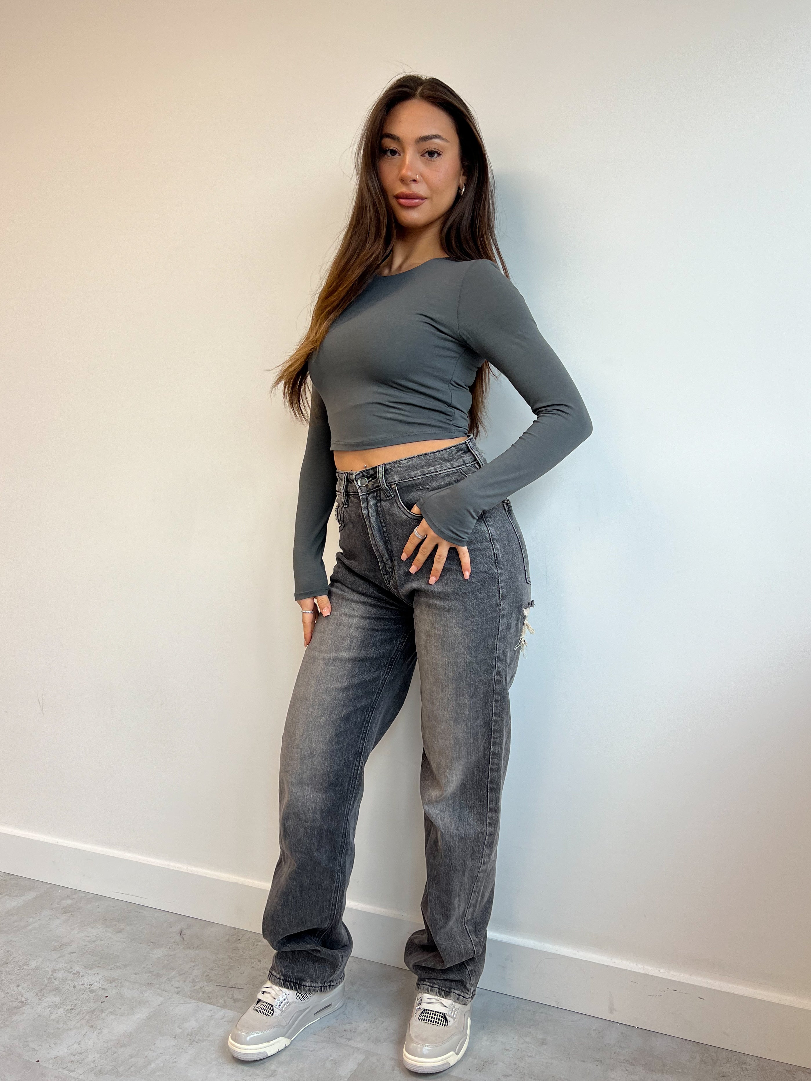 MAISON STRETCH RHINESTONE JEANS DARK GREY