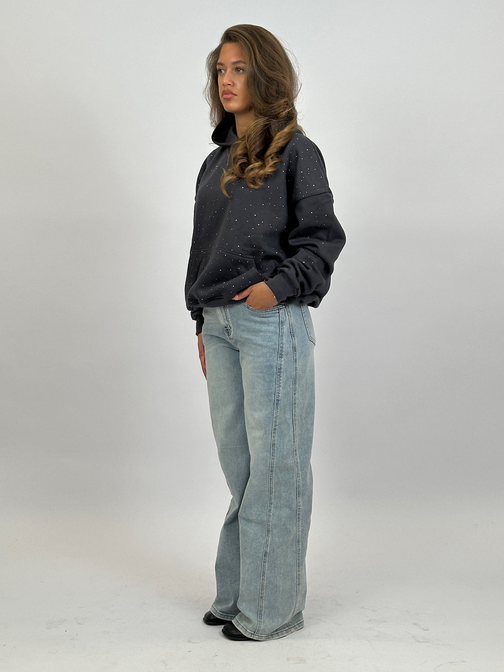 RHINESTONE HOODIE CHARCOAL