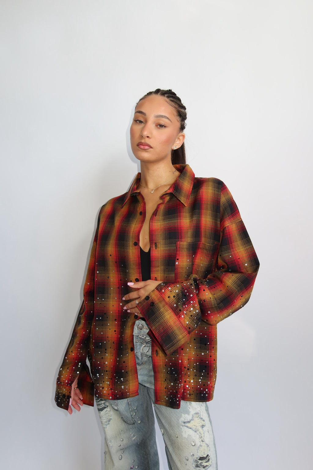 EXCLUSIVE CHECKED RHINESTONES SHIRT