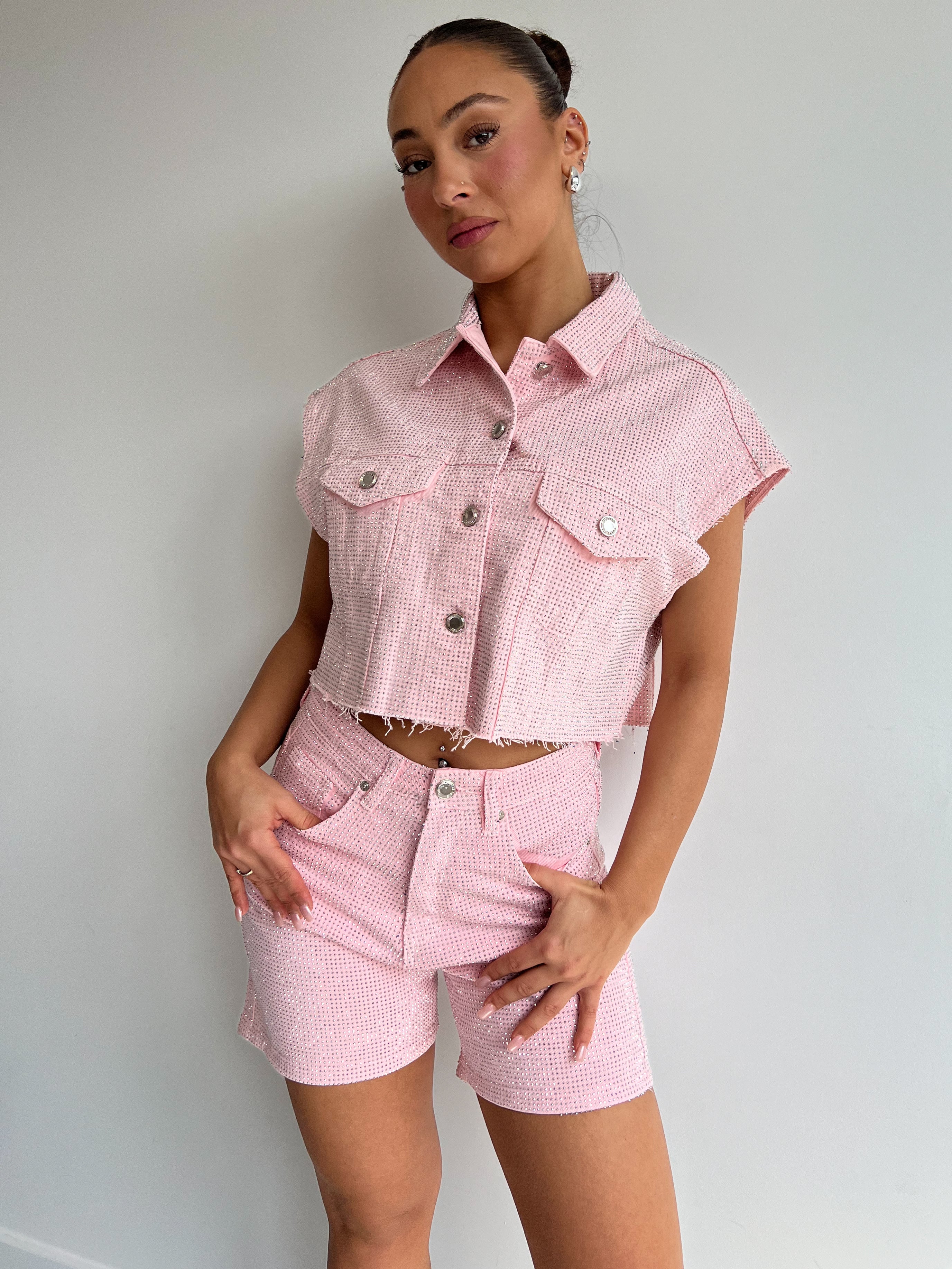 ALL OVER STRETCH STRASS KURZES ROSA