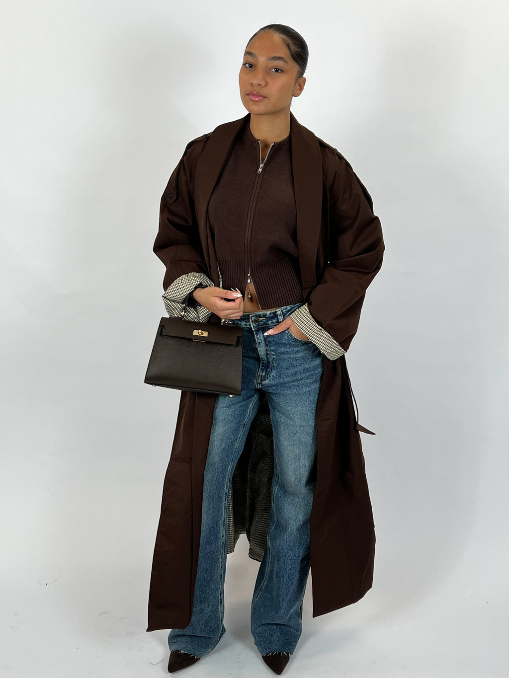 CHECHERED MAXI TRENCH COAT CHOCO