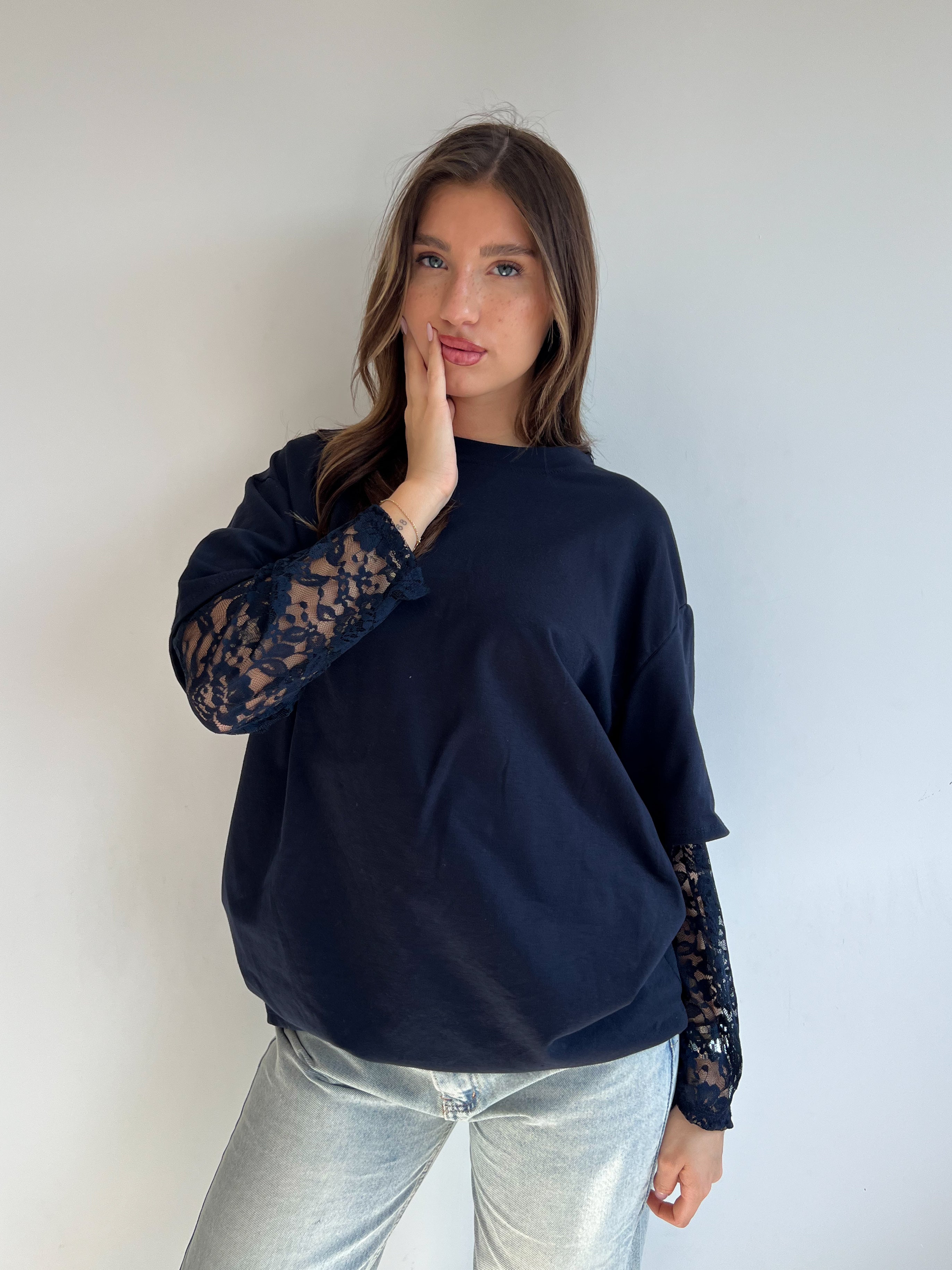 OVERSIZED LACE SLEEVE TEE NAVY