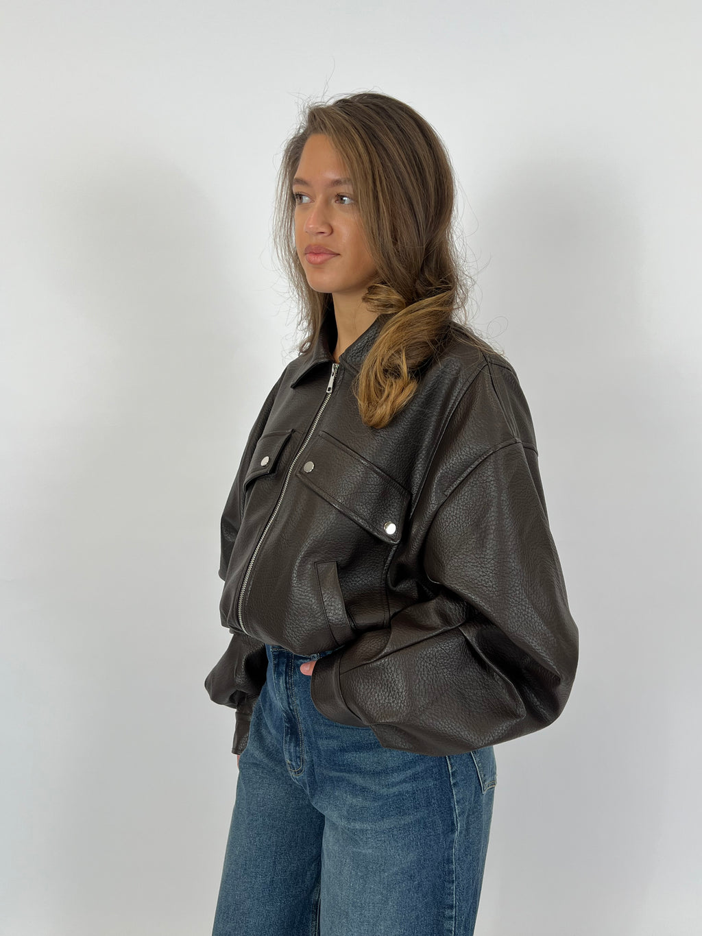 PUFFY LEATHER BOMBER BROWN
