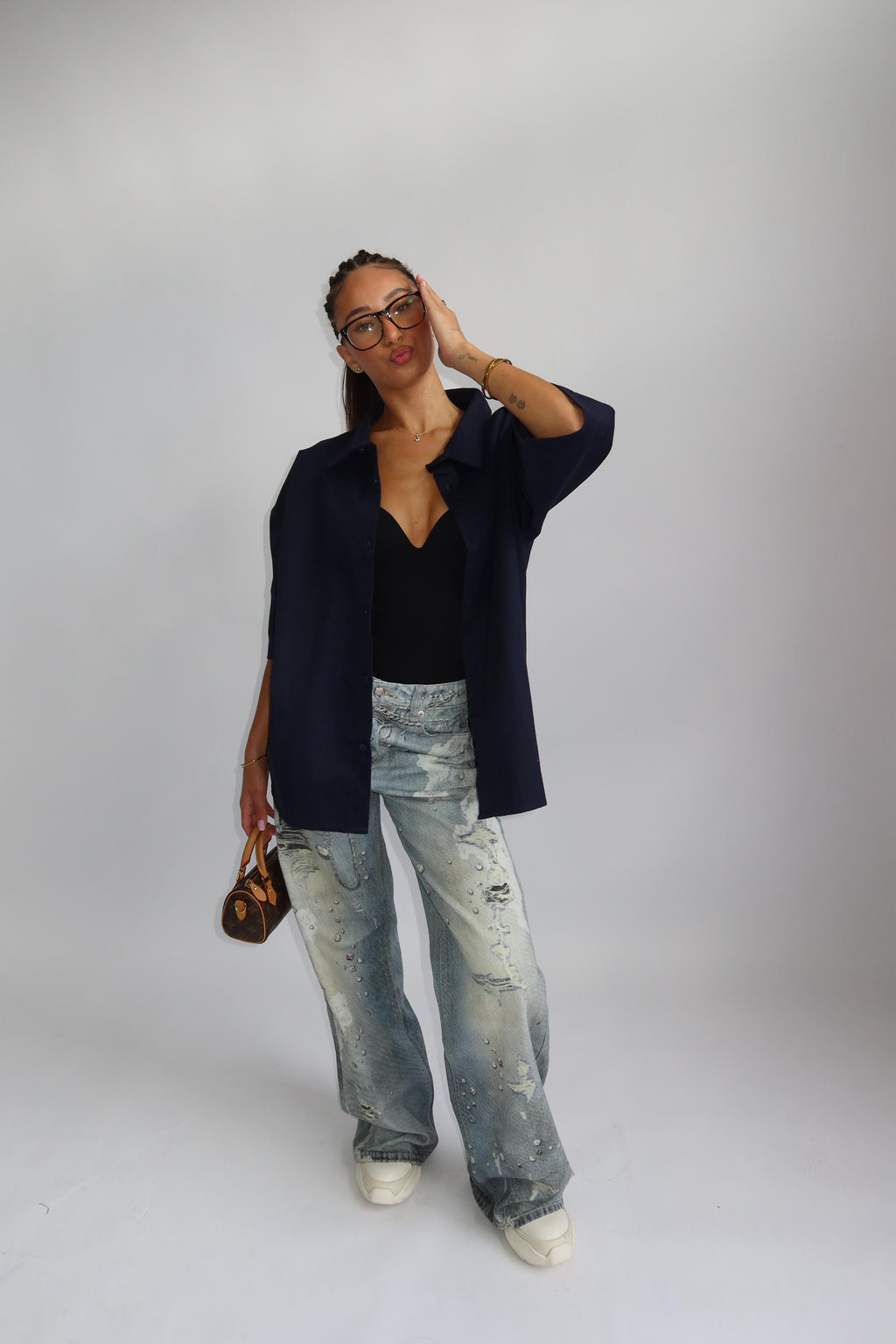 EXCLUSIVE TOKYO 81 BOYFRIEND BLOUSE NAVY/WHITE