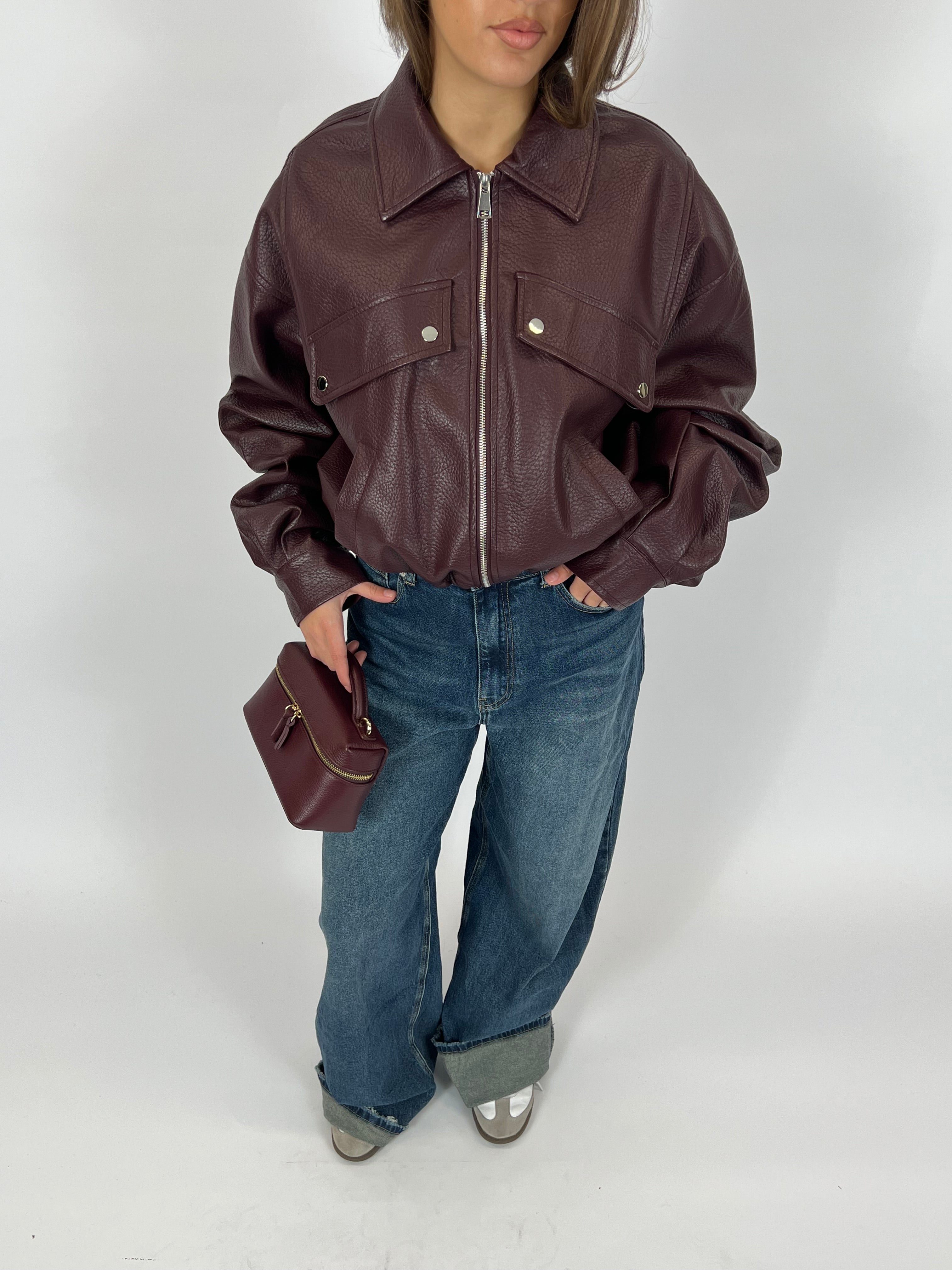 PUFFY LEATHER BOMBER BORDEAUX