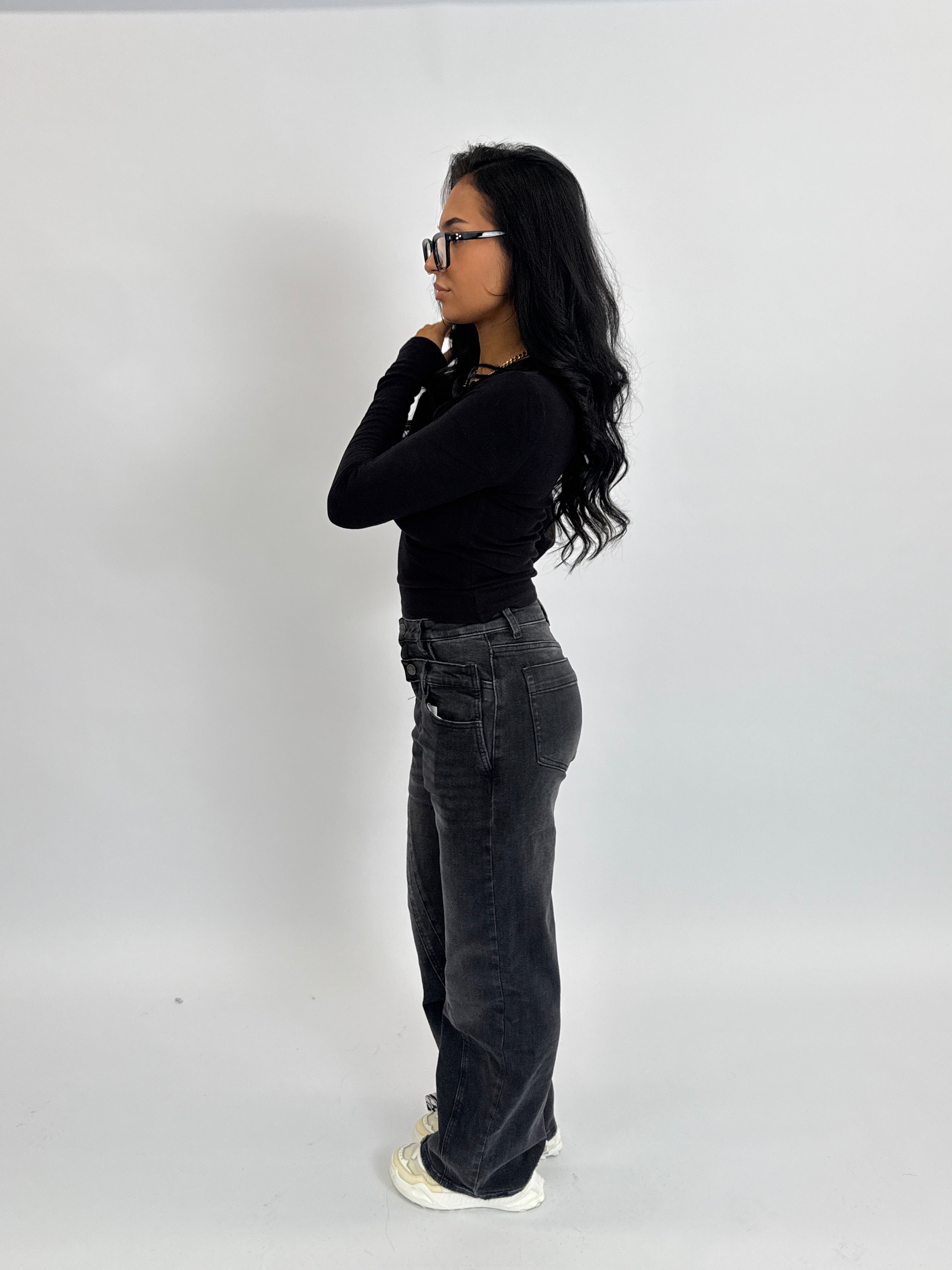 DOUBLE WAIST STRETCH JEANS BLACK WASH