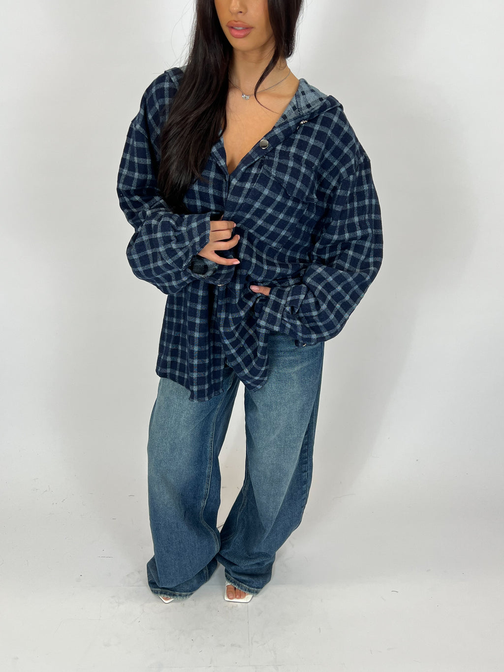 HOODED CHECK JACKET NAVY