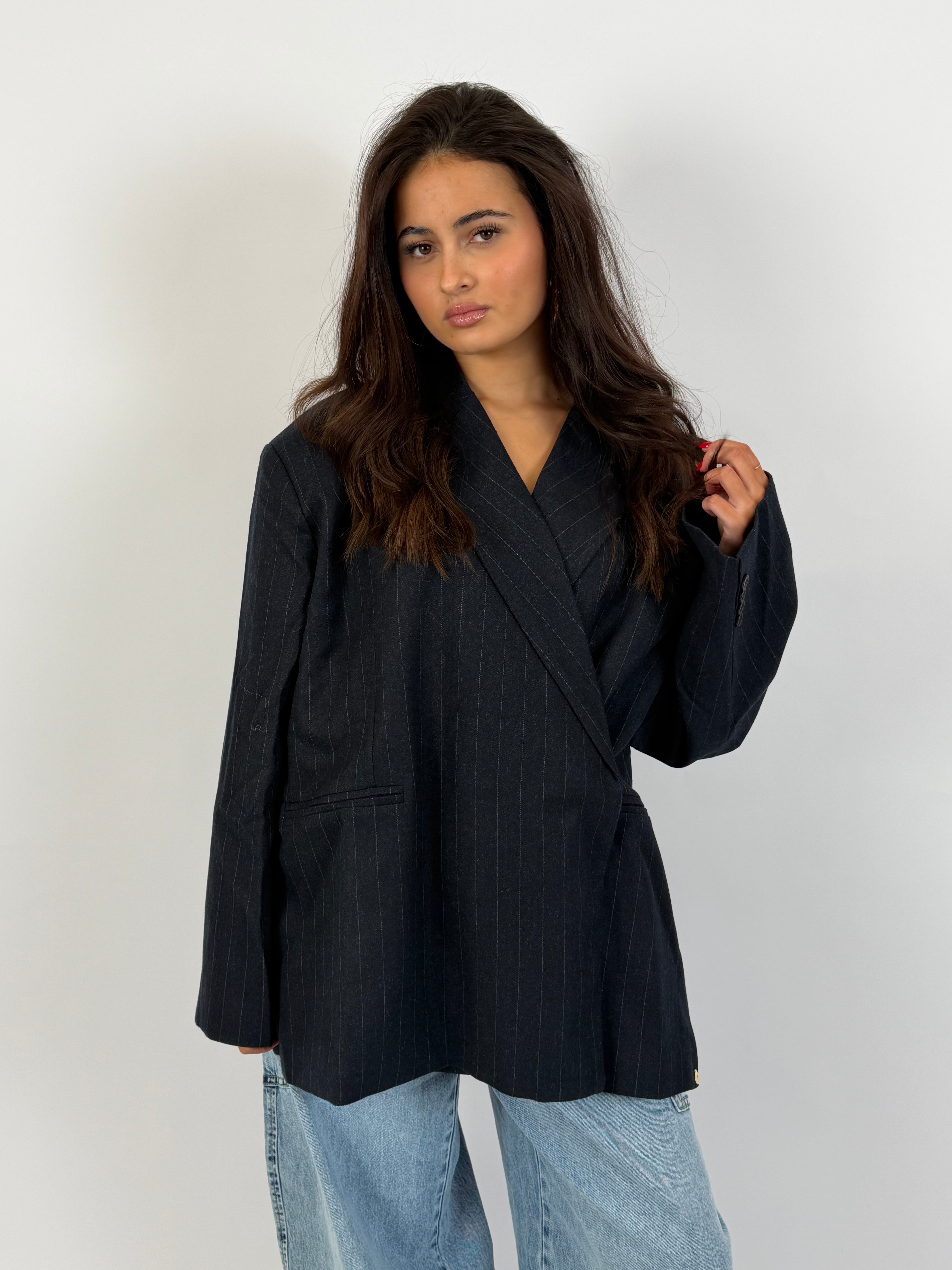 OVERSIZED PINSTRIPE DAD BLAZER NAVY