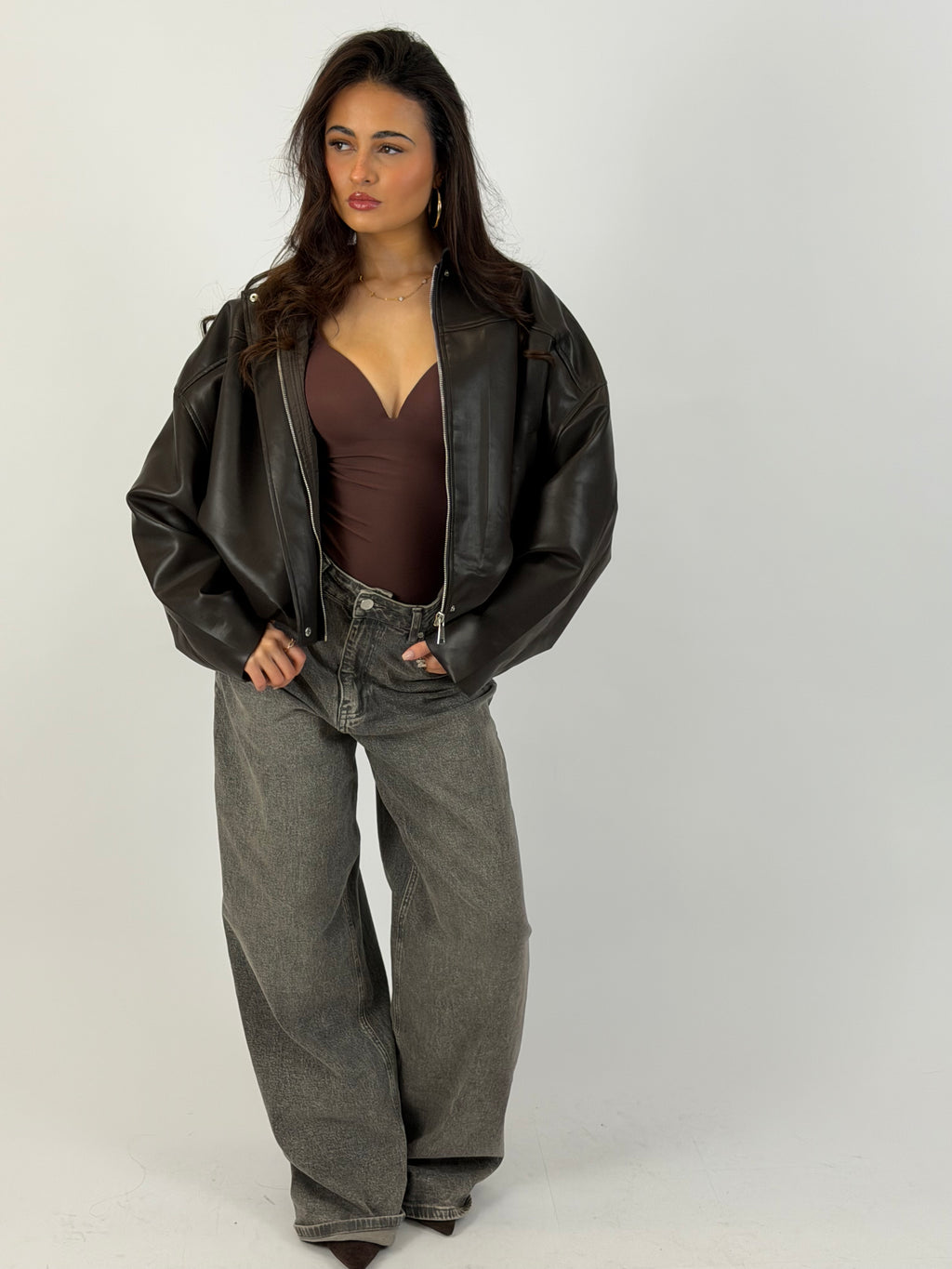 PUFFY LEATHER BOMBER BROWN