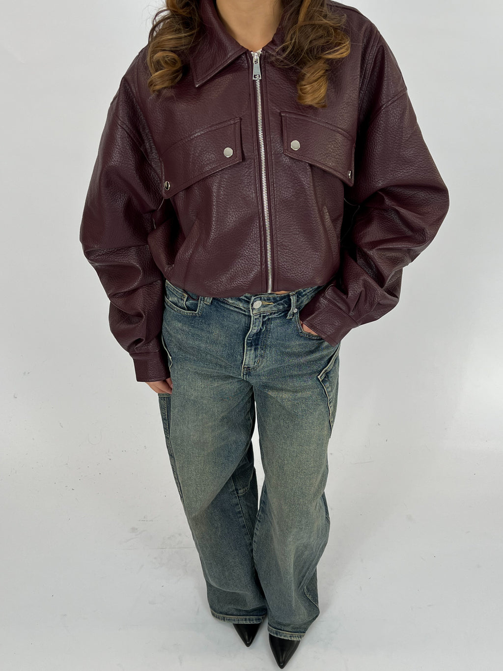 PUFFY LEATHER BOMBER BORDEAUX