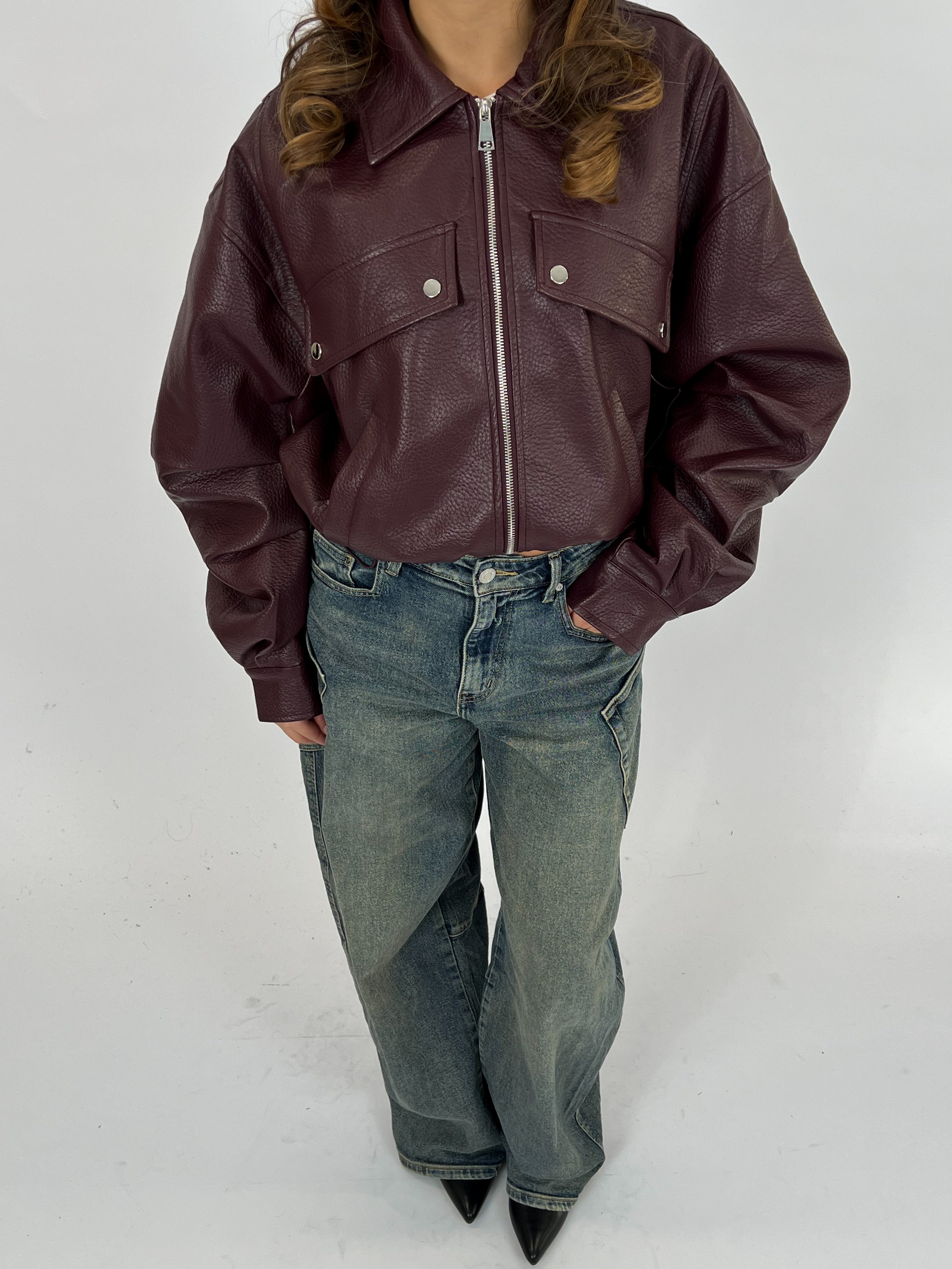 PUFFY LEATHER BOMBER BORDEAUX
