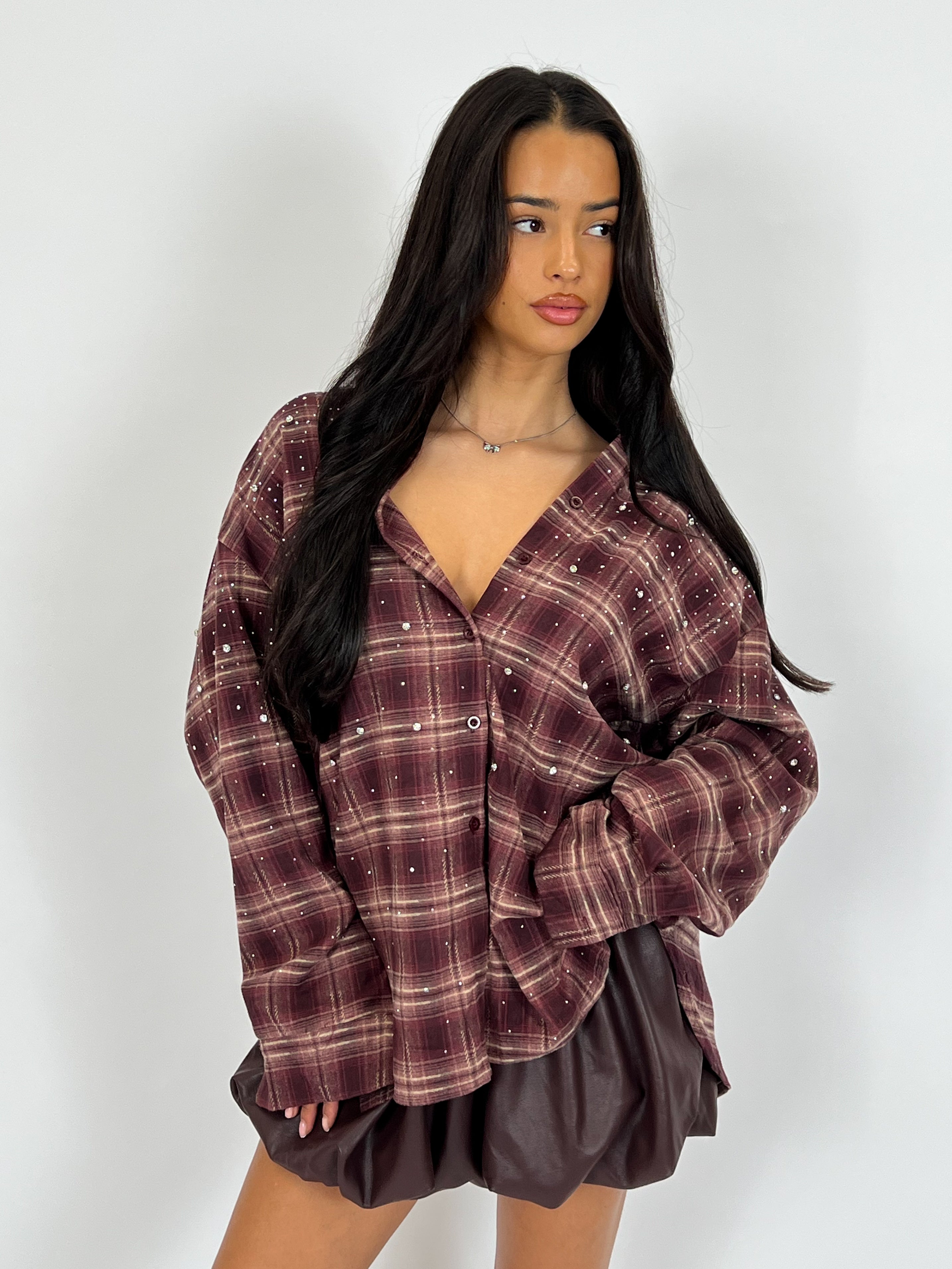 RHINESTONES CHECK SHIRT BORDEAUX