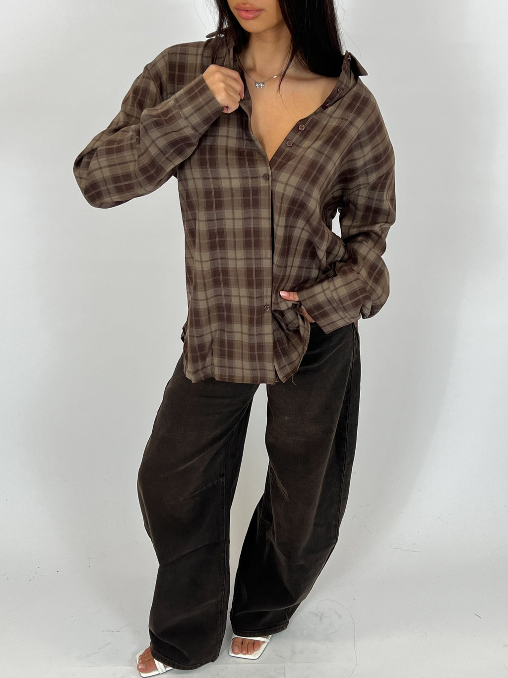 CHECK BLOUSE DARK BROWN