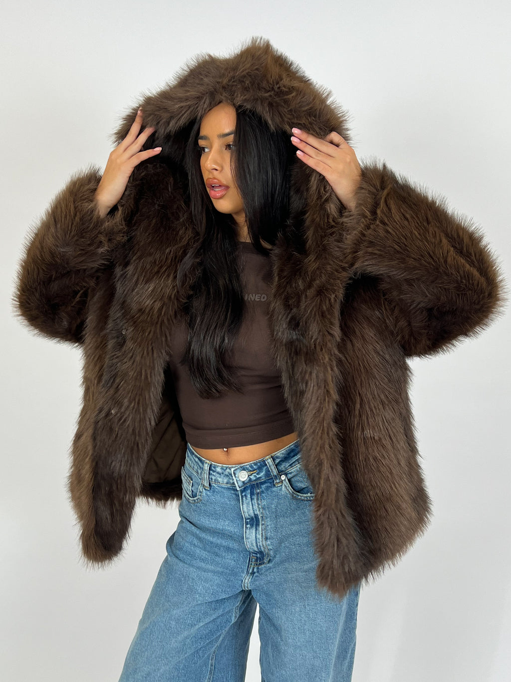 BIG COLLAR FAUX FUR COAT DARK BROWN