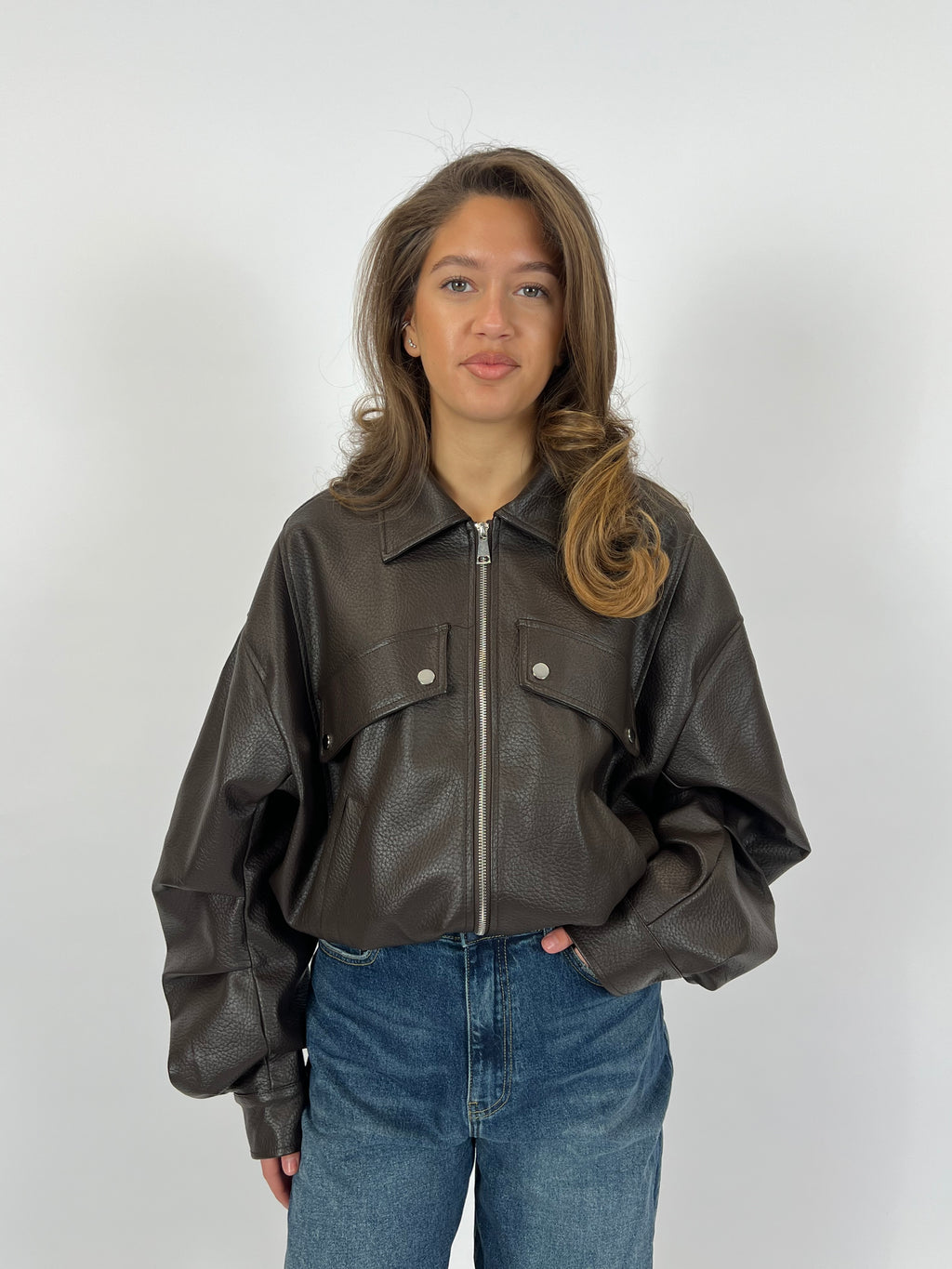 PUFFY LEATHER BOMBER BROWN