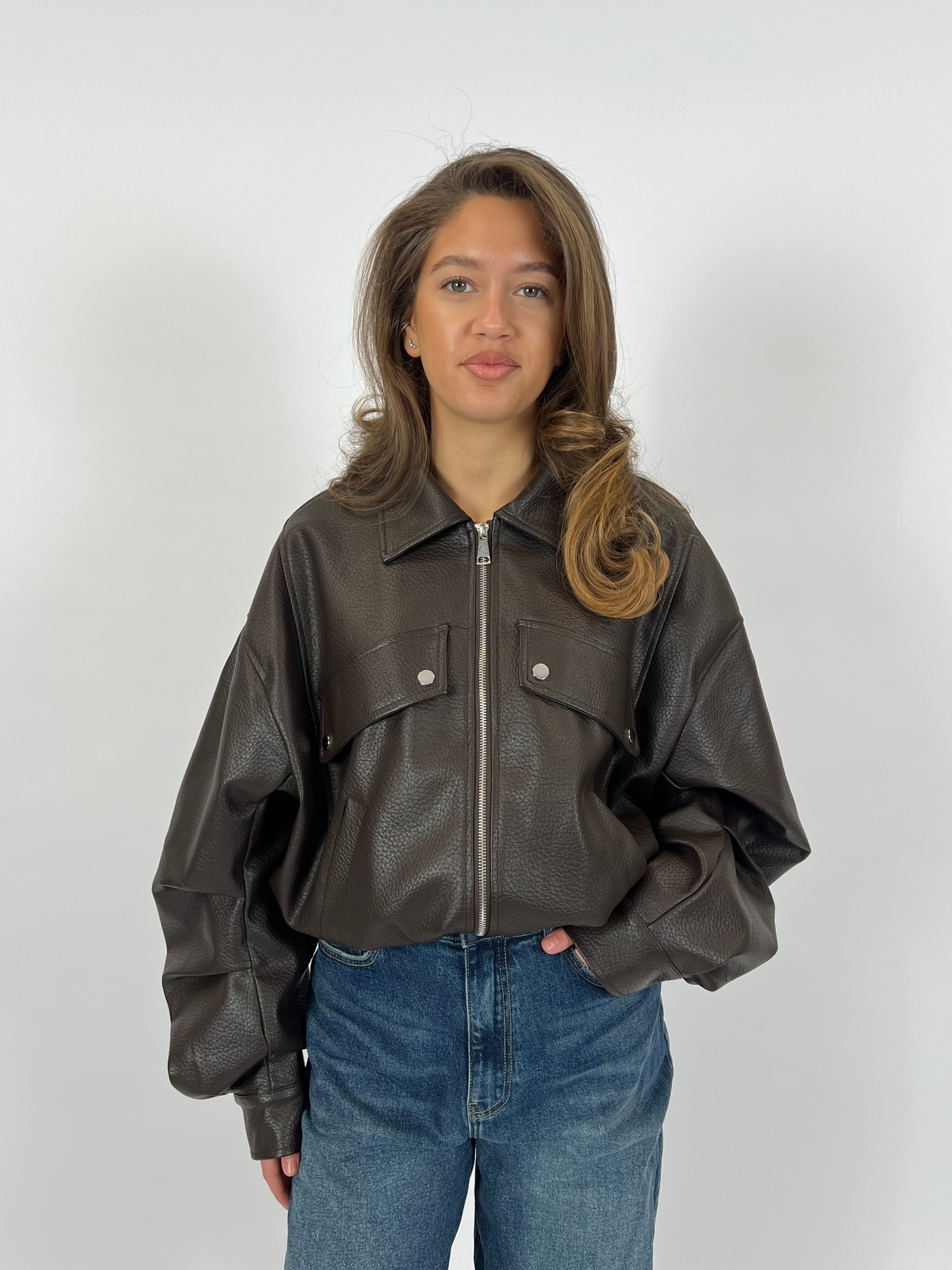 PUFFY LEATHER BOMBER BROWN