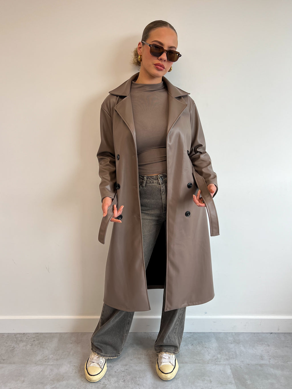 LEATHER LOOK TRENCH TAUPE