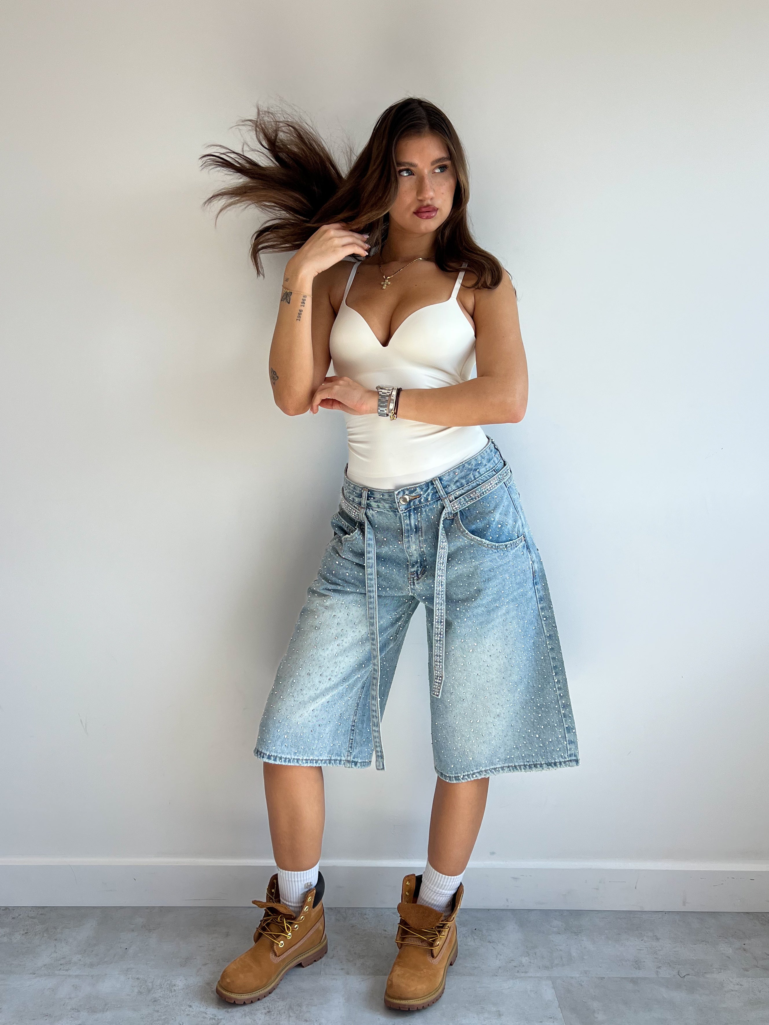 RHINESTONE DENIM JORTS