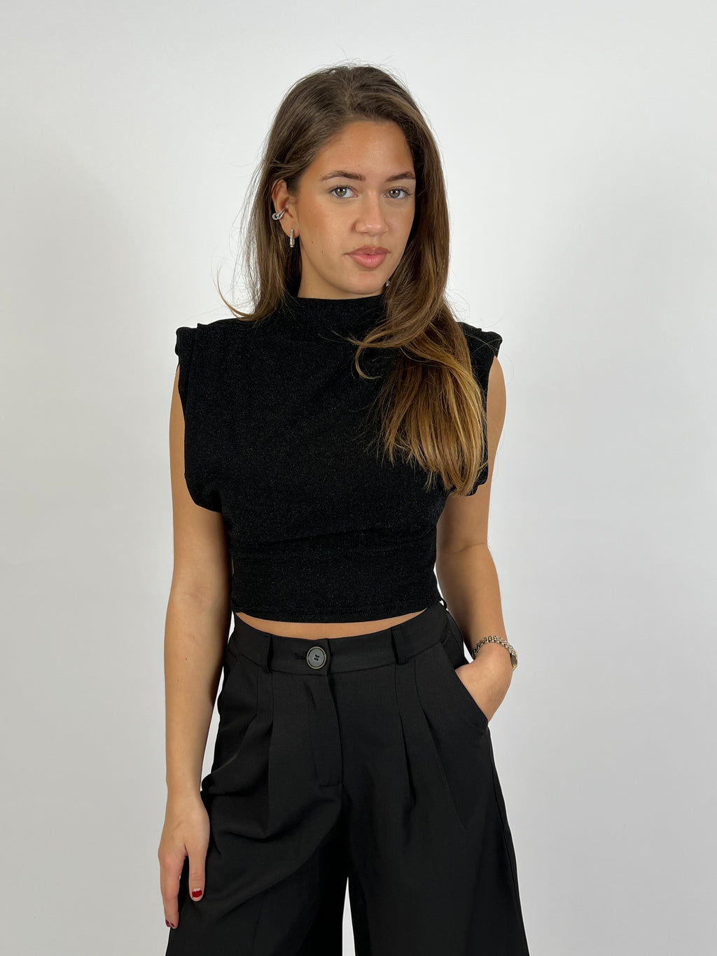 PADDED LUREX TOP BLACK