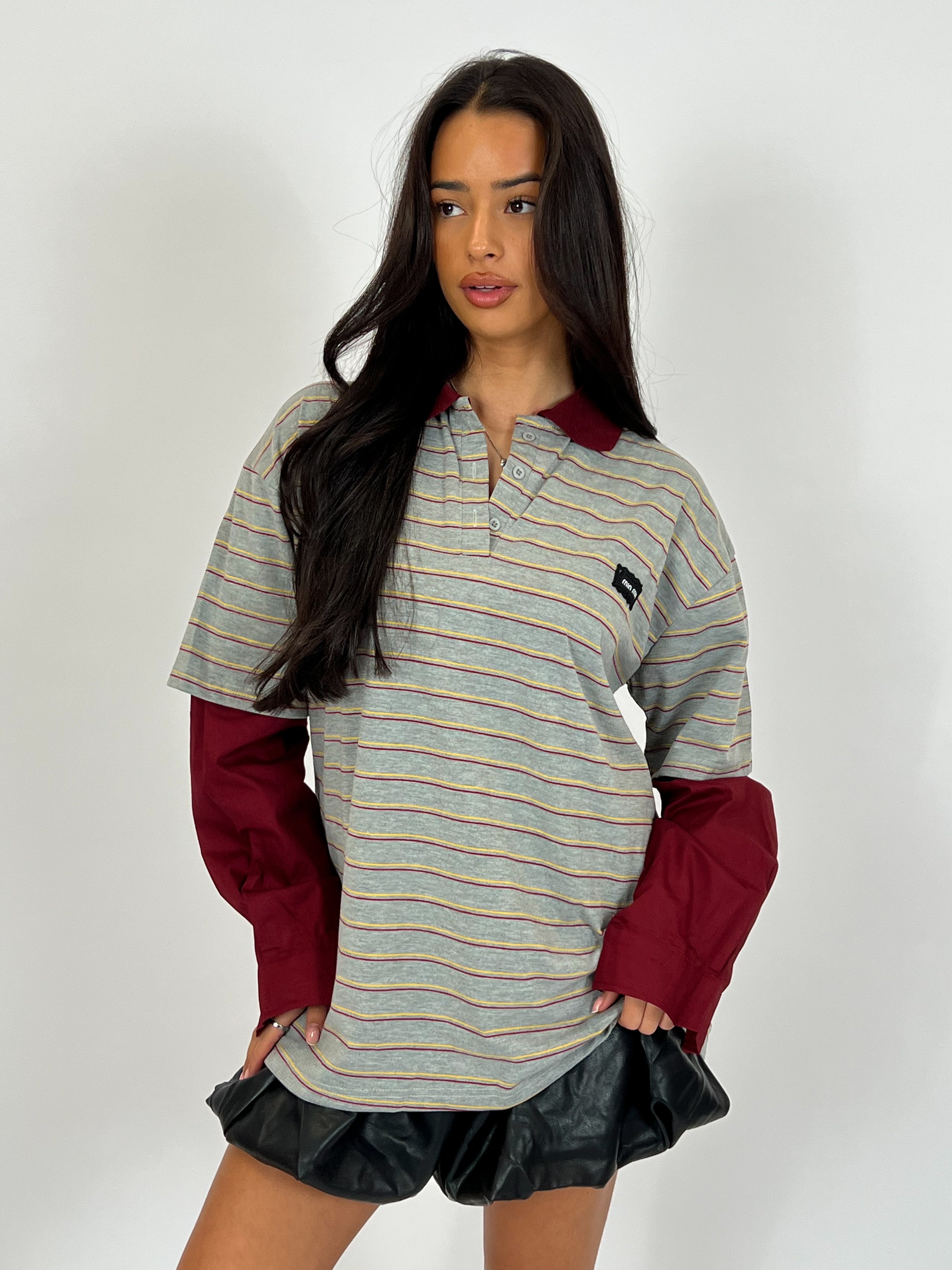 MIMI INSPIRED SHIRT LONGSLEEVE GREY/BORDEAUX