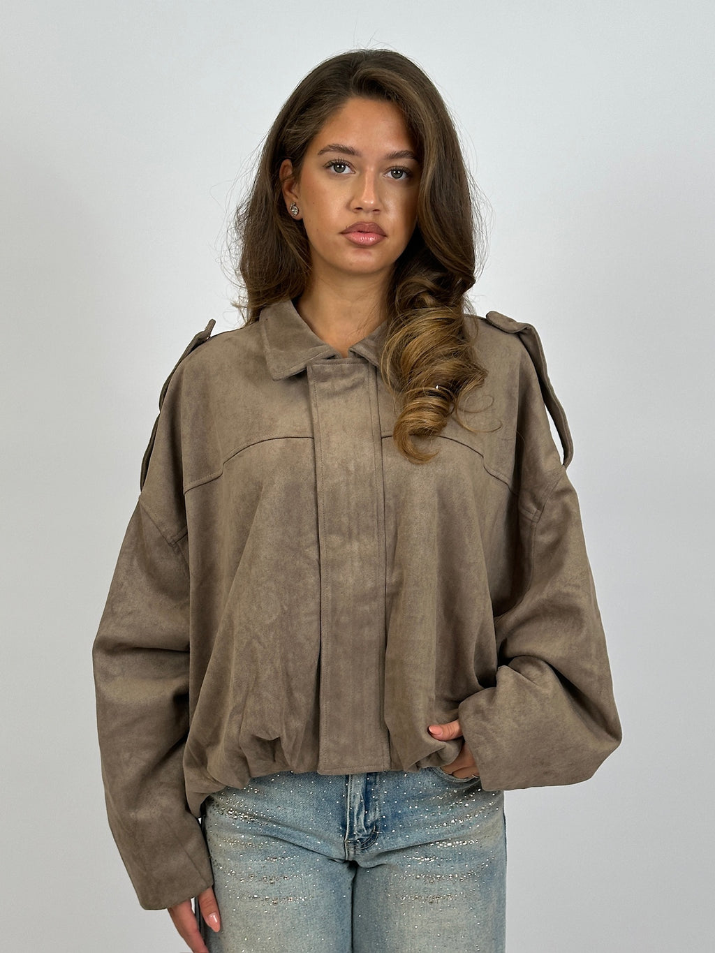 SUÈDE LOOK PUFFY BOMBER TAUPE