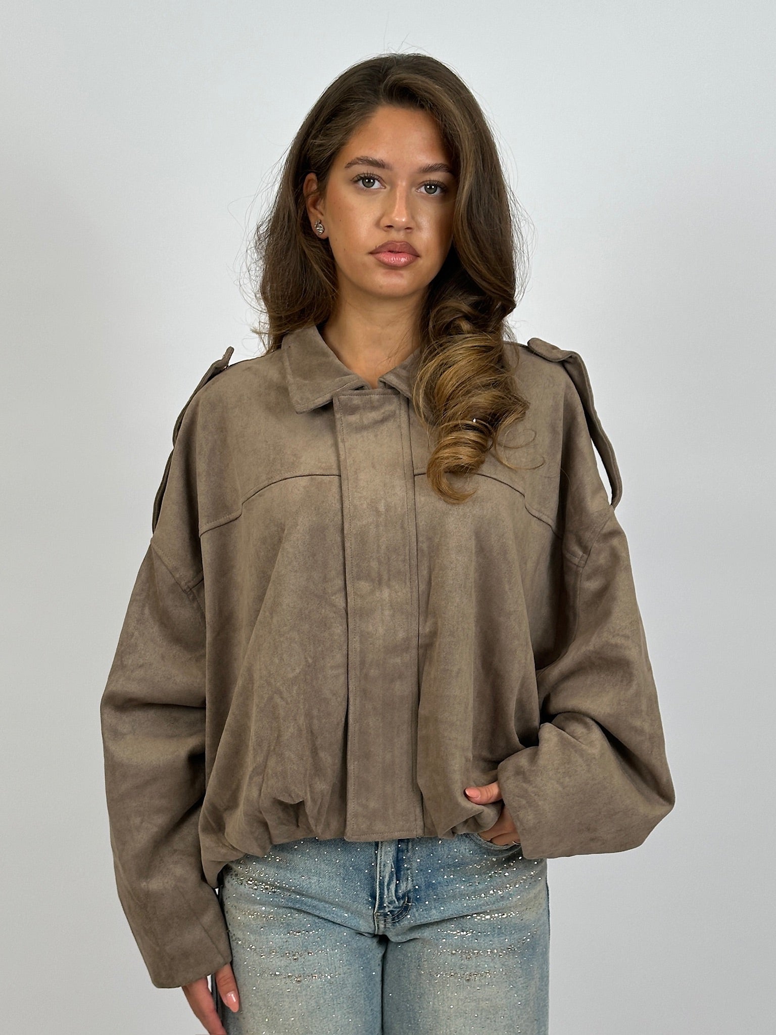 SUÈDE LOOK PUFFY BOMBER TAUPE