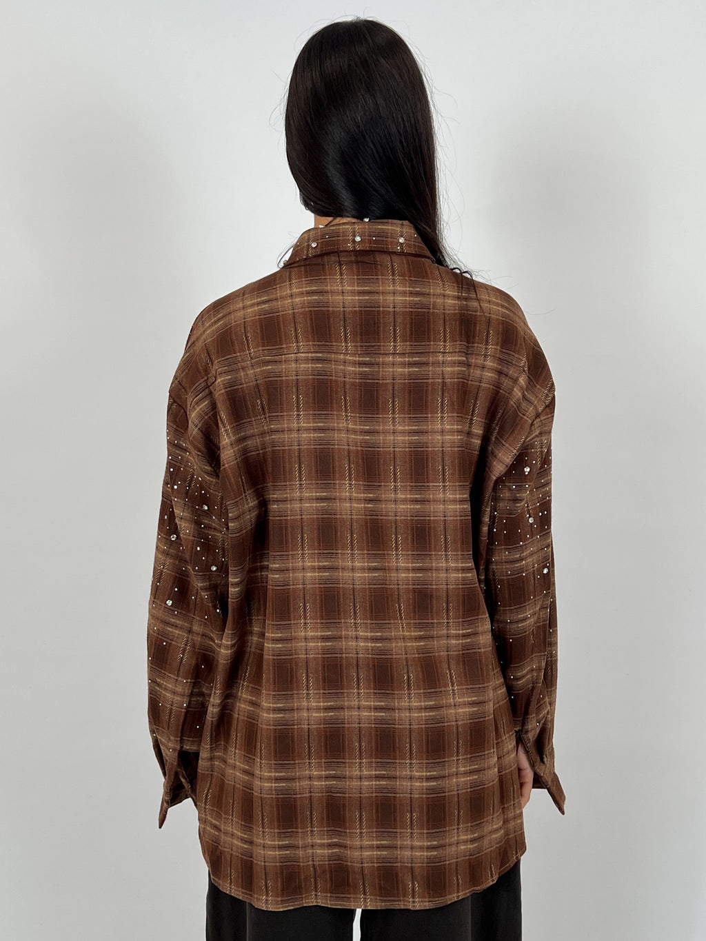 RHINESTONES CHECK SHIRT BROWN
