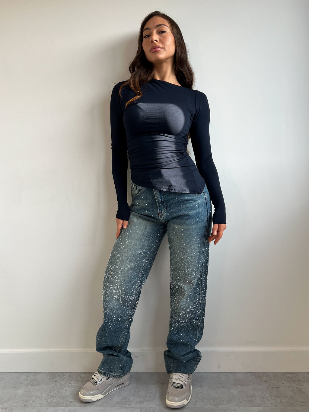 STRAIGHT LEG BLUE RHINESTONE JEANS