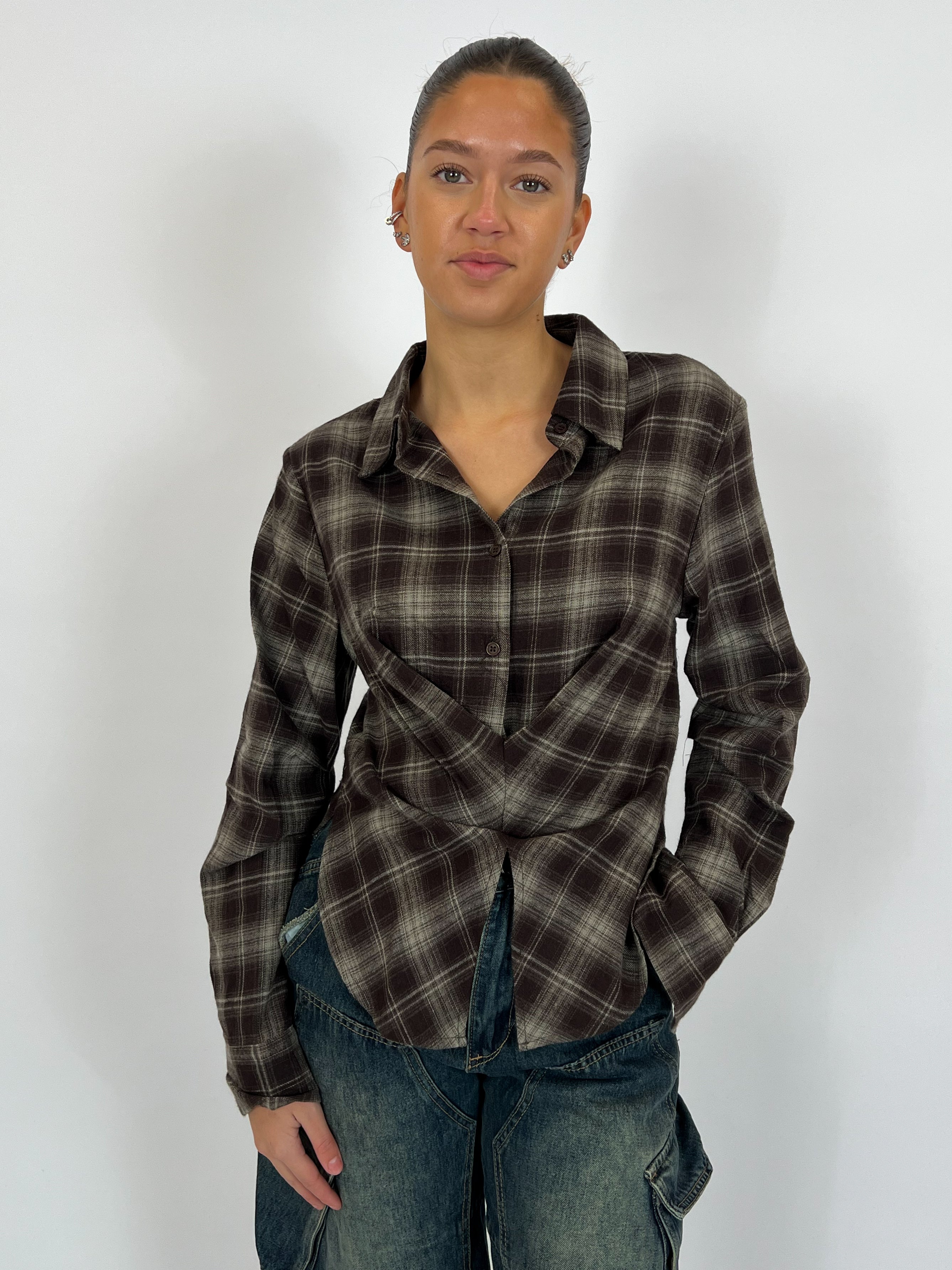 SNATCHED CHECK BLOUSE BROWN