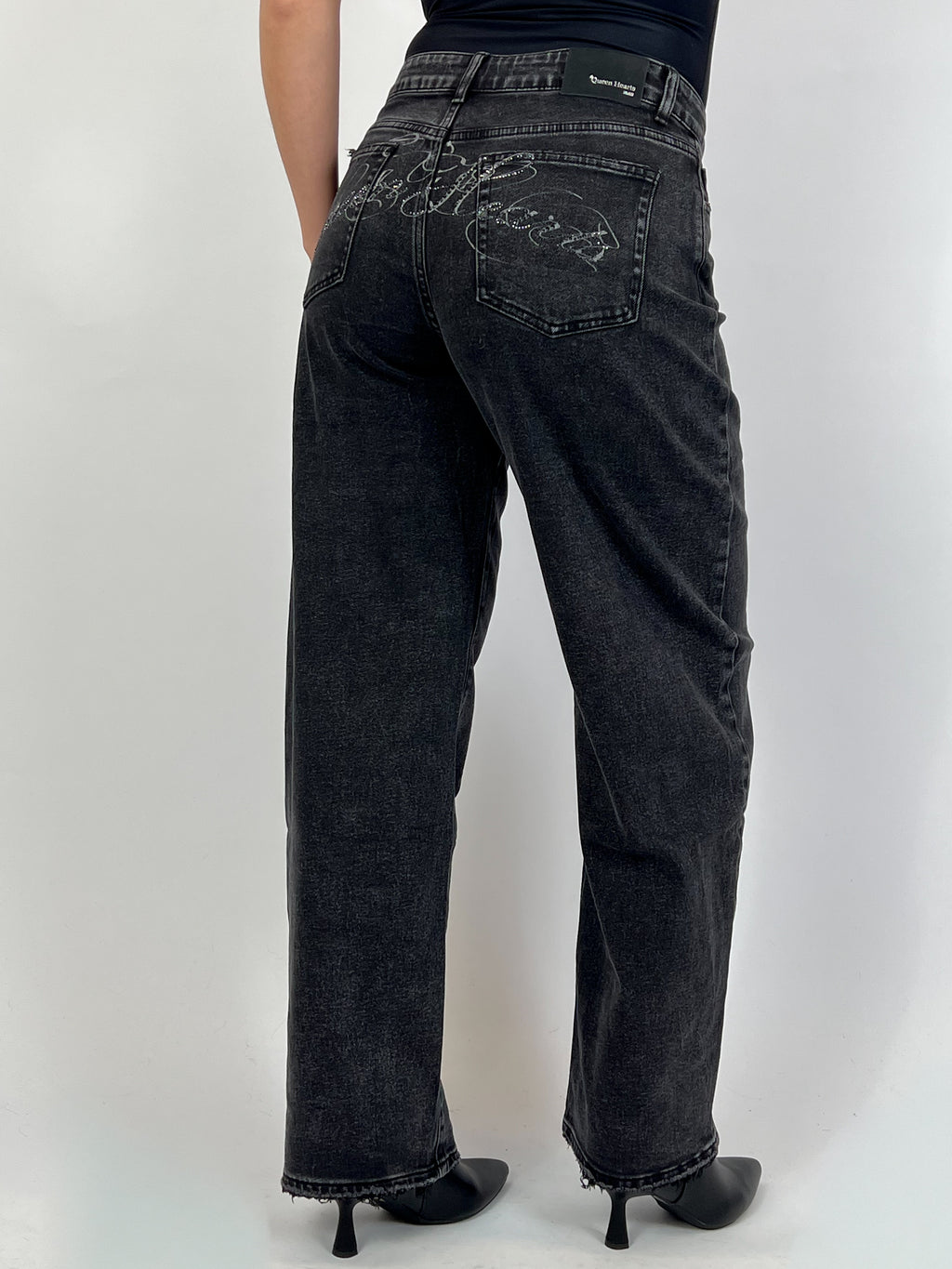 RHINESTONE BUM STRETCH WIDE LEG BLACK