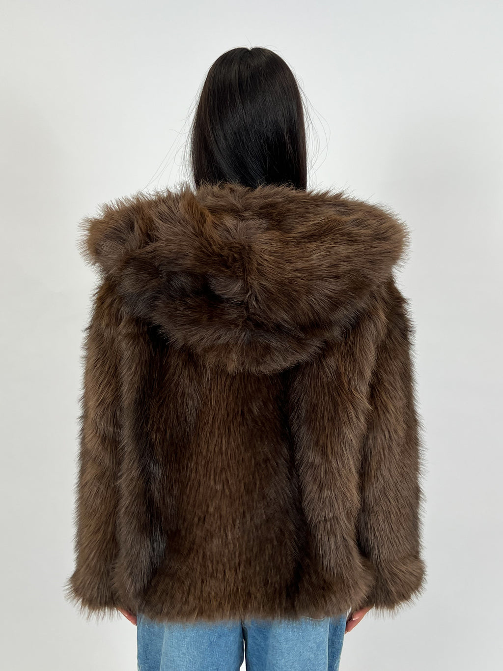 BIG COLLAR FAUX FUR COAT DARK BROWN