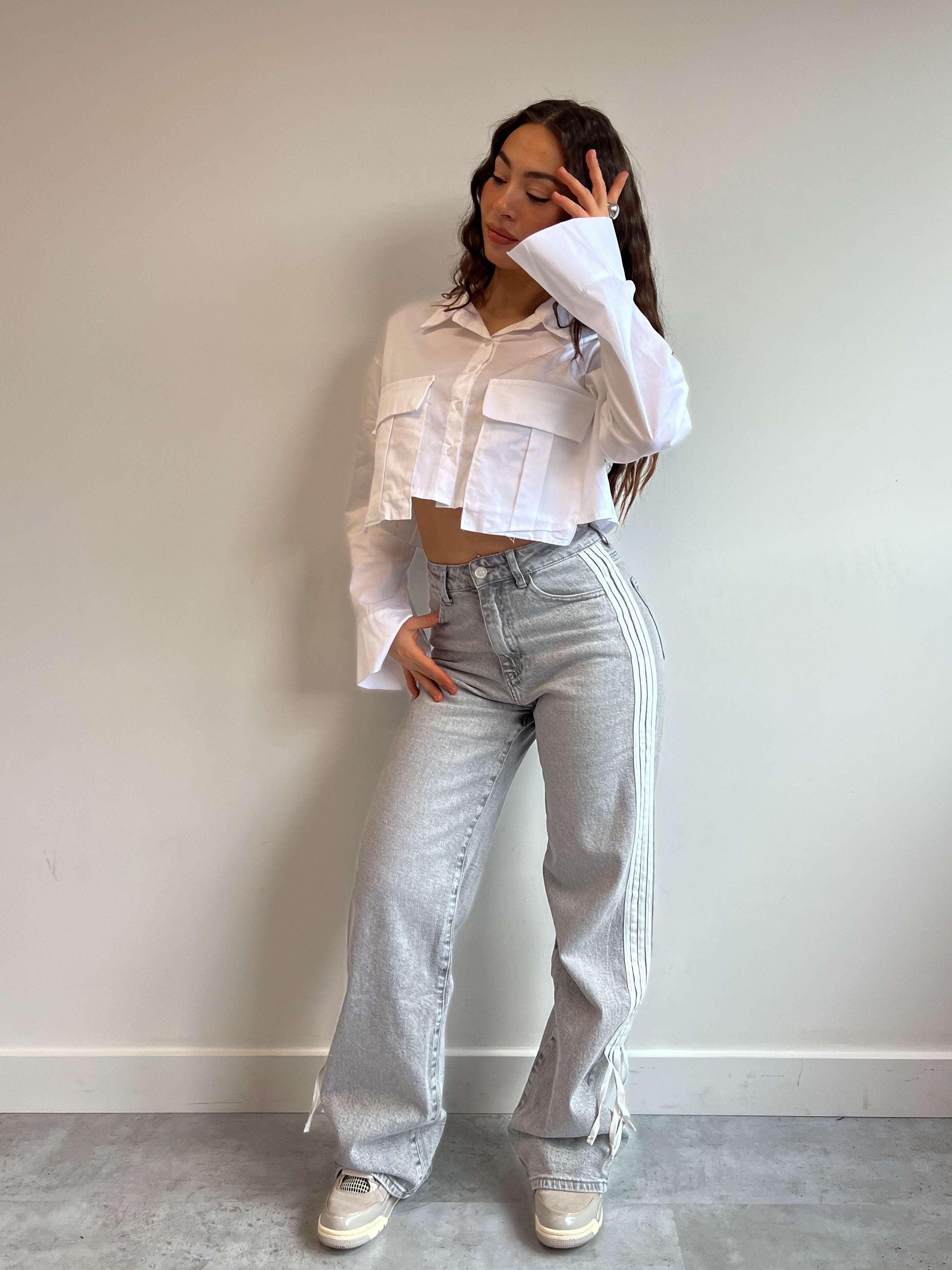 STRETCHY BOW TIE JEANS GREY/WHITE