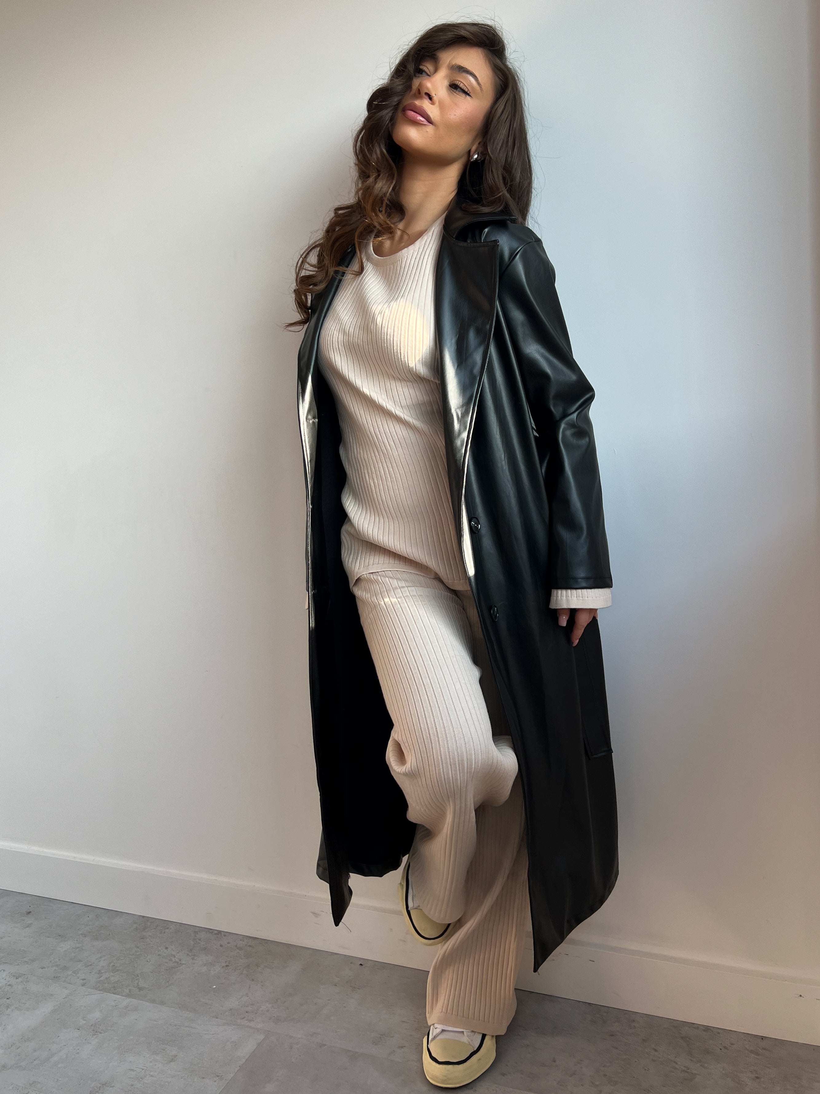 LEATHER LOOK TRENCH BLACK