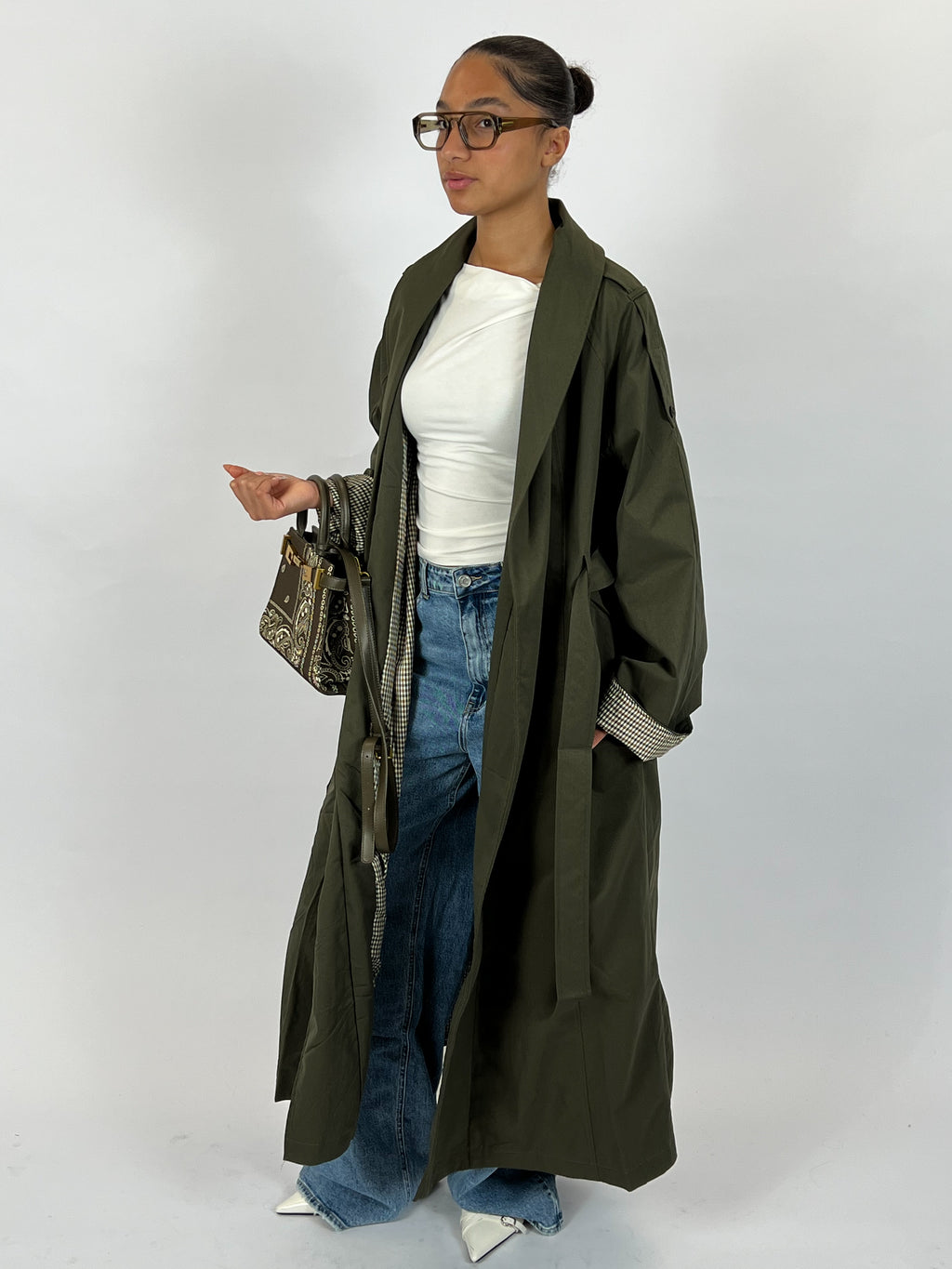CHECHERED MAXI TRENCH COAT ARMY